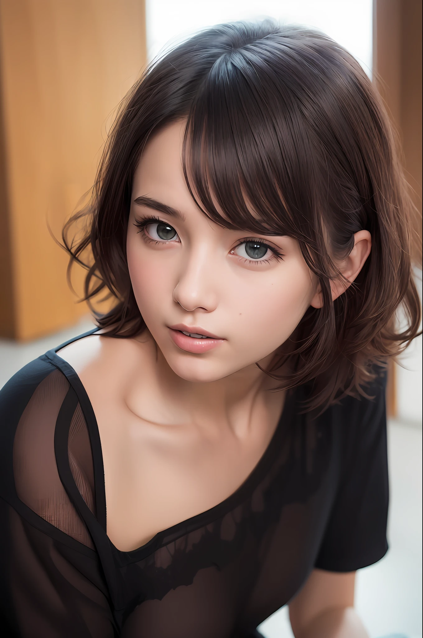 (RAW photo, best quality), (realistic, photo-realistic:1.3), masterpiece, an extremely delicate and beautiful, extremely detailed, CG, unity, 8k, amazing, finely detail, ultra-detailed, highres, absurdres, soft light, (black hair, short hair, curly hair, messy hair, bangs), beautiful detailed girl, detailed fingers, extremely detailed eyes and face, beautiful detailed nose, beautiful detailed eyes, (light on face), looking at viewer, (closed mouth:1.2), 1girl, cute, young, mature face, pale skin, (half body:1.3, sitting), (medium breasts), realistic face, realistic body, beautiful detailed thigh, (ulzzang-6500-v1.1:0.6), black shirt, (semi smile:1.3),