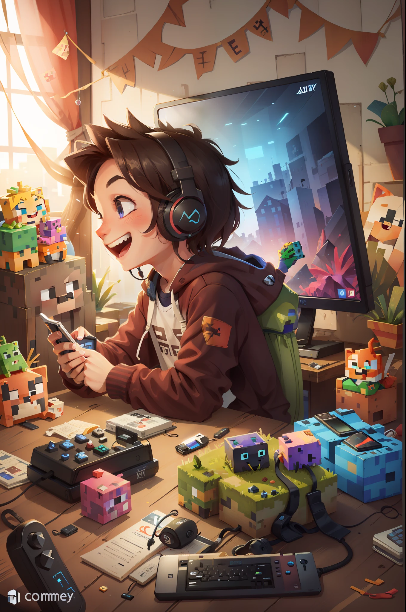 gamer boy, gamer computer, phone, profile picture, computer screen apparent playing minecraft live stream smiling