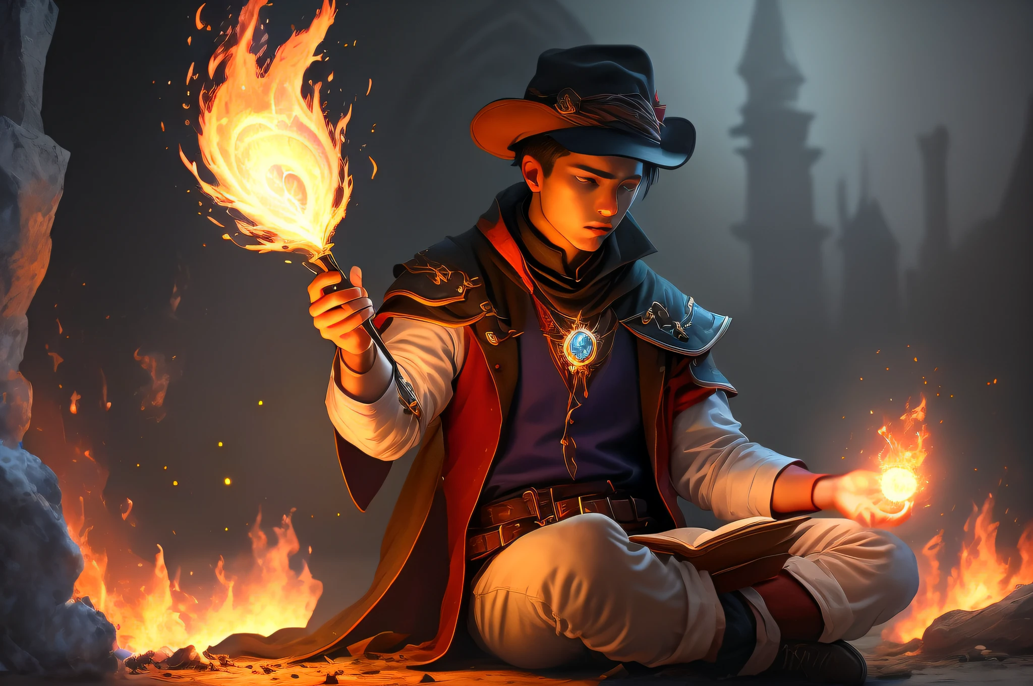 man sitting on the ground, an arcane mage casting a spell, mage hat cinematic lighting, he is casting a lighting spell, casting fire spell, casting a powerful spell, casting a fire spell, spell spell, cinematic ligting, mage casting a spell, casting a protection spell