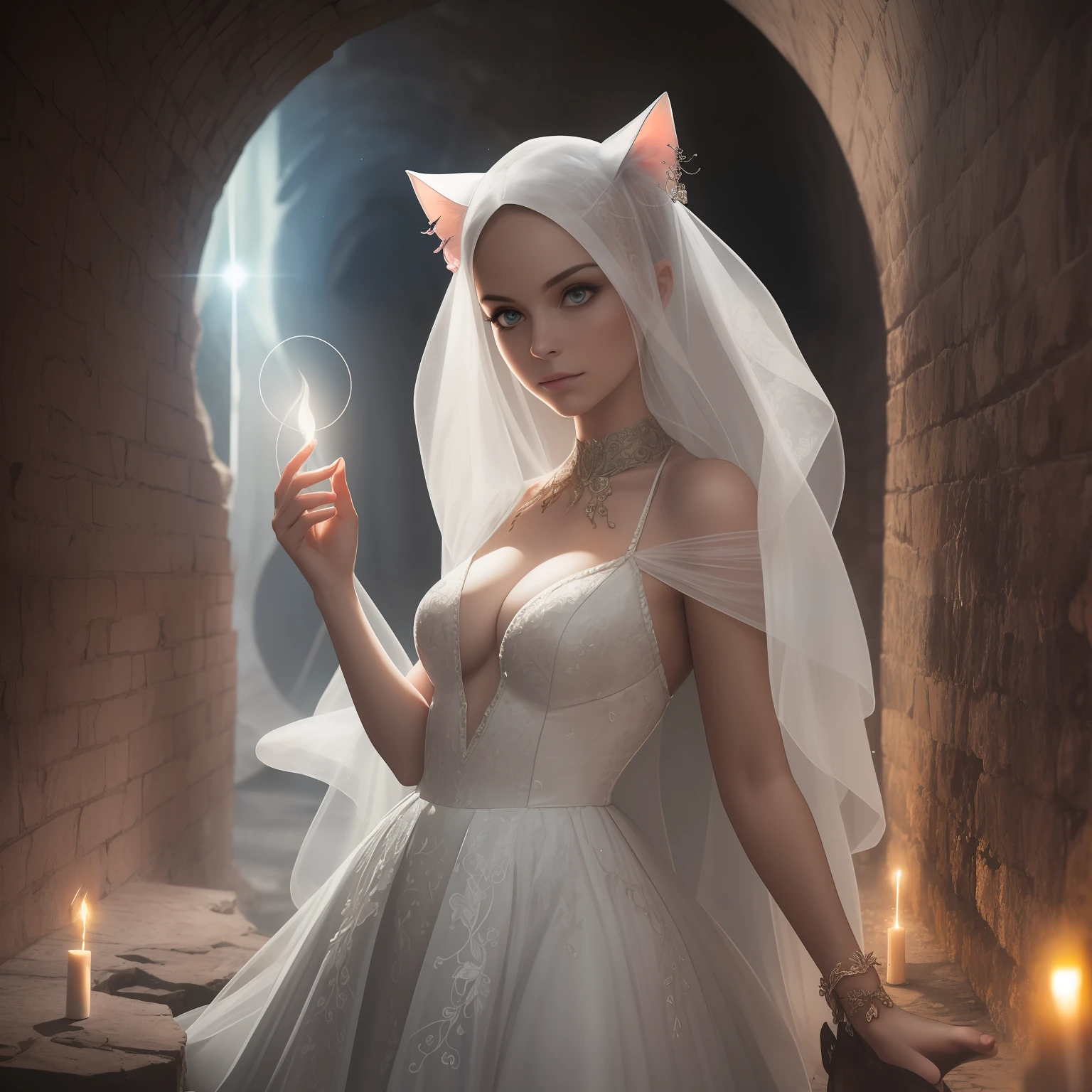 A whimsical, imaginative image of a white catwoman, her outfit adorned with intricate designs and intricate patterns, waiting in the tunnel of the past. She cautiously moves through the crack between the past and the present, her eyes set on a target, her ears pricked up in anticipation. The scene is illuminated by dim, flickering lighting, casting a warm, ethereal glow on the subject. wide aperture, standard lens, long exposure