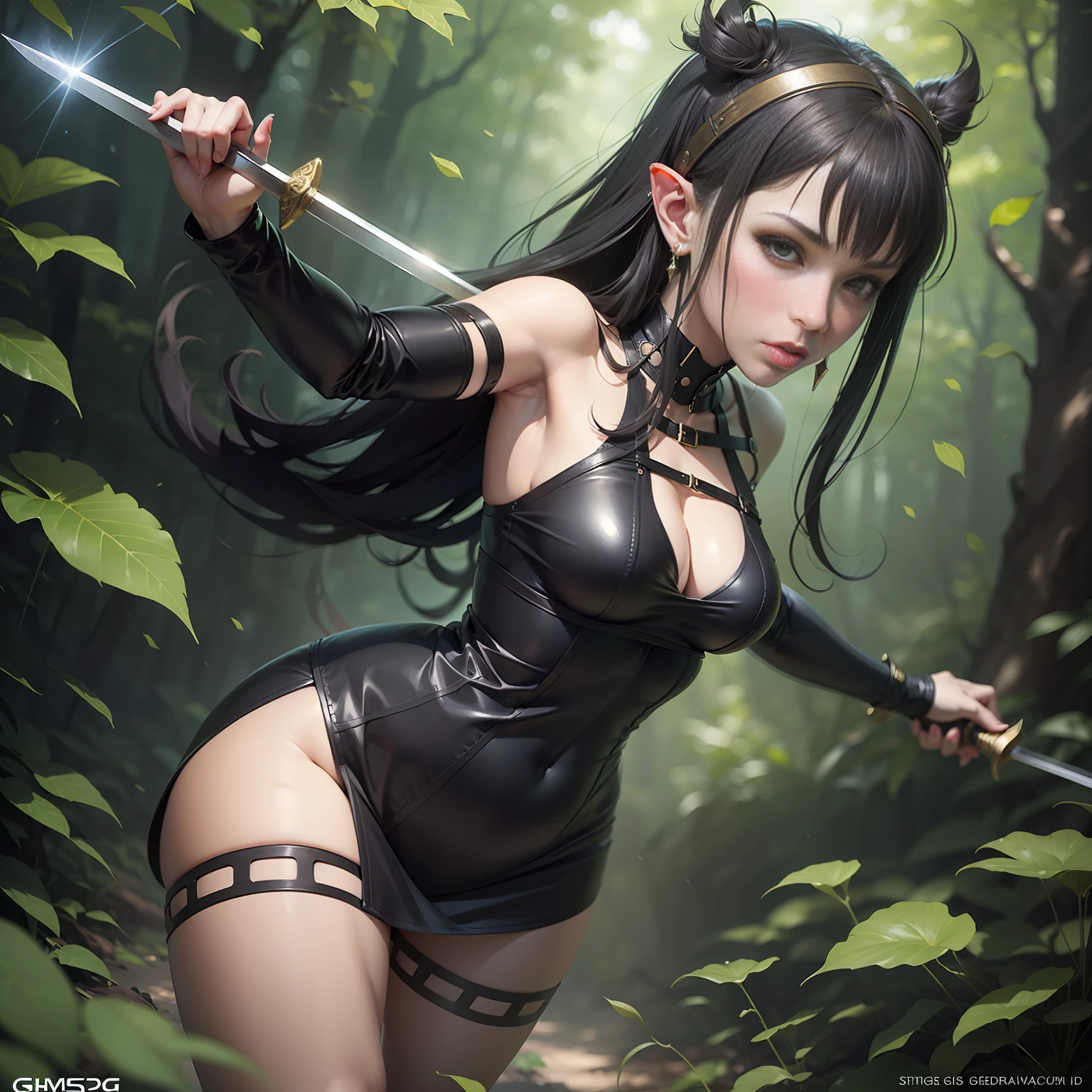 Anime girl in black leather costume holding sword in forest, small pointed ears, IG model | 5D CGI Anime Fantasy Artwork, With Sword in Both Hands, Highly Detailed Art Germ, Fan Art Best Art Station, Gwise, WLOP, ArtGerm Style Artwork, Succubus in Tight Short Dress, WLOP |
