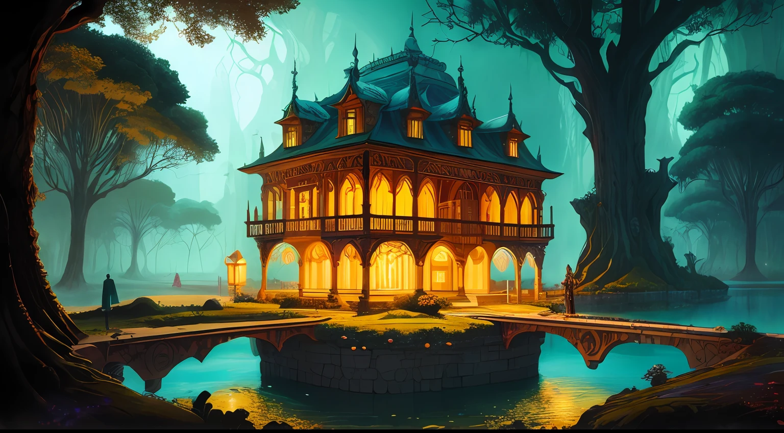 a fantasy home and a dark dungeon, in the style of psychedelic artwork, hyper-detailed illustrations, victor nizovtsev, multilayered realism, ethereal trees, dark cyan and brown, vibrant neo-traditional --ar 16:9 --auto