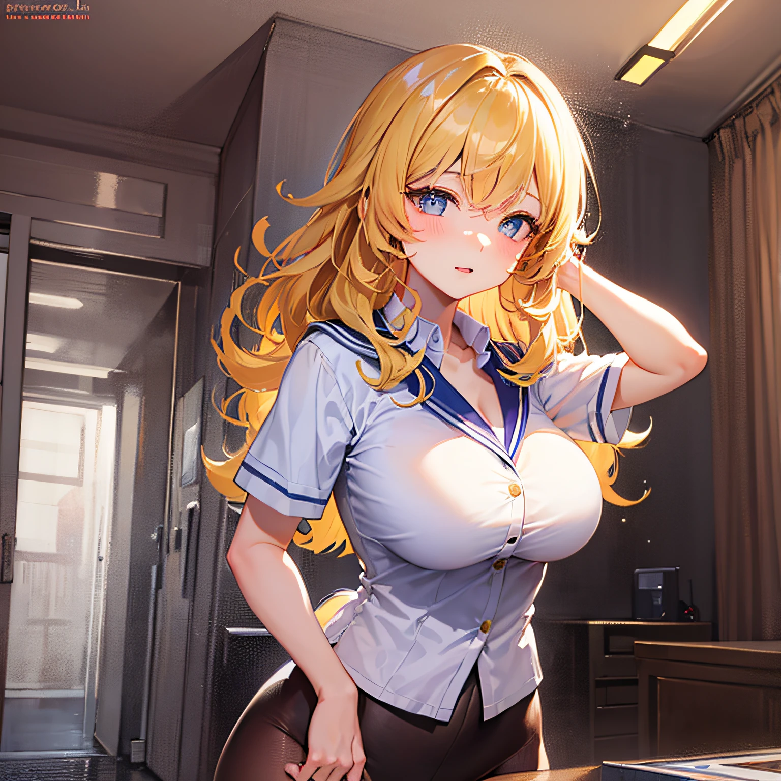 Absolutely beautiful fox charmer, perfect slim body, mature, yellow hair, large curly hair, college uniform, sexy and seductive, beautiful face, full body portrait, standing pose, 4K picture quality, big body, feminine expression, blush shyness, outrageous bust, deep eyes, huge breasts