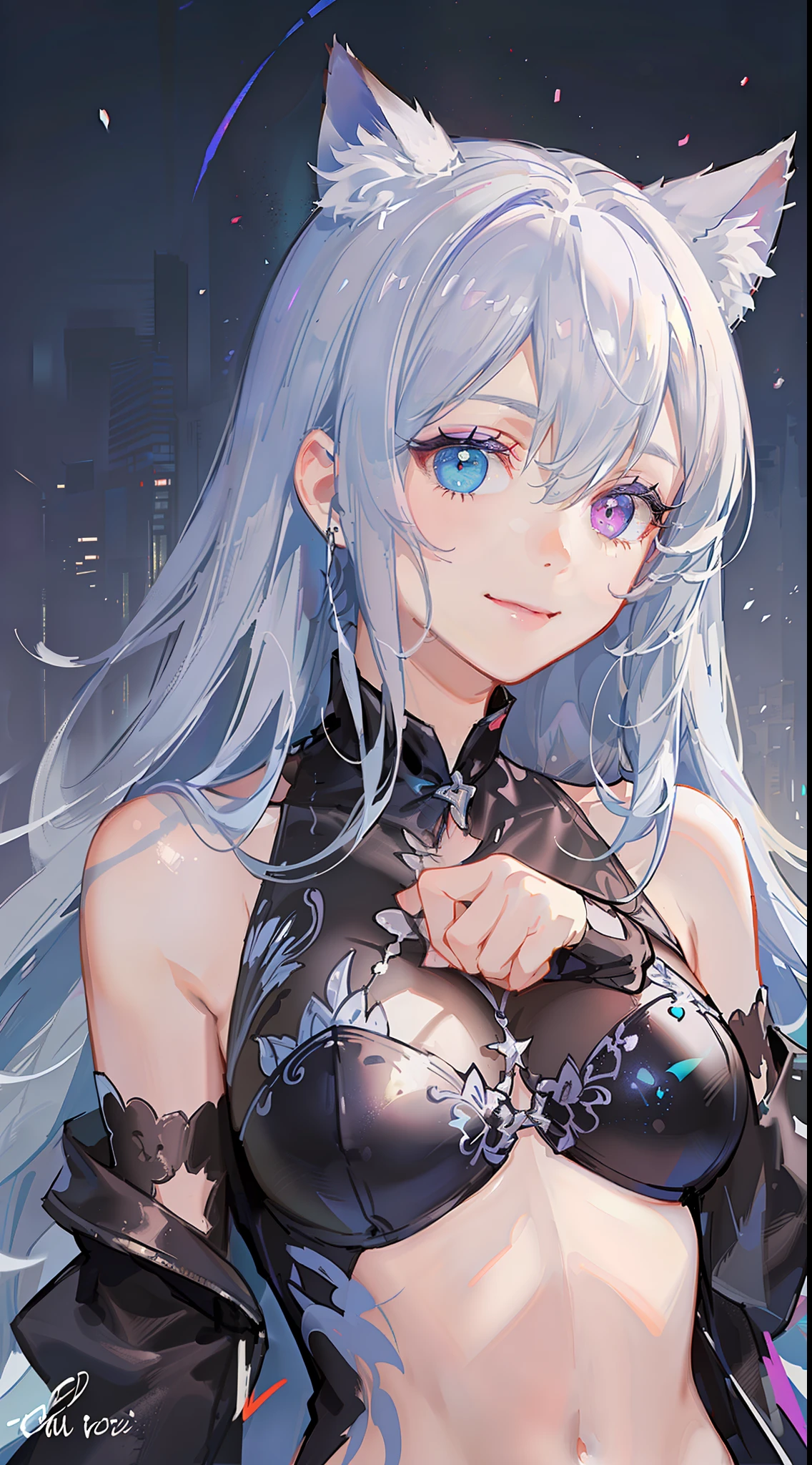 Young, long white hair, heterochromia, (left eye blue, right eye purple), white cat ears, turquoise top, open chest, tattoos, smile, masterpiece, high quality