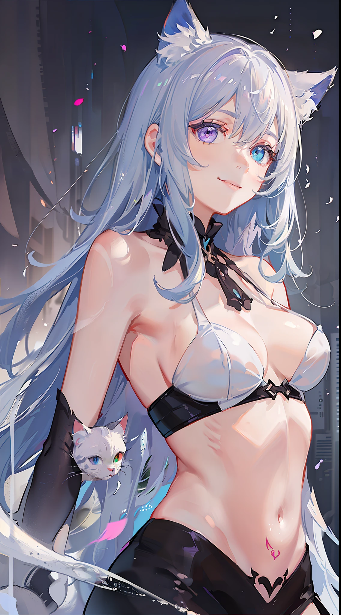 Young, long white hair, heterochromia, (left eye blue, right eye purple), white cat ears, turquoise top, open chest, tattoos, smile, masterpiece, high quality