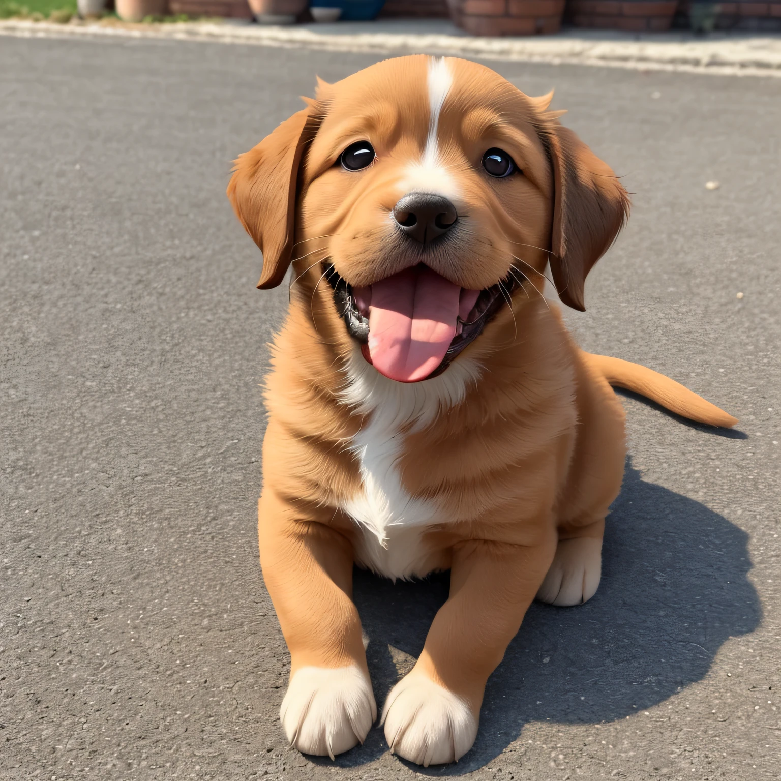 a puppy, light brown color, tongue out, cheerful, sitting, mouth open, black eyes, --auto