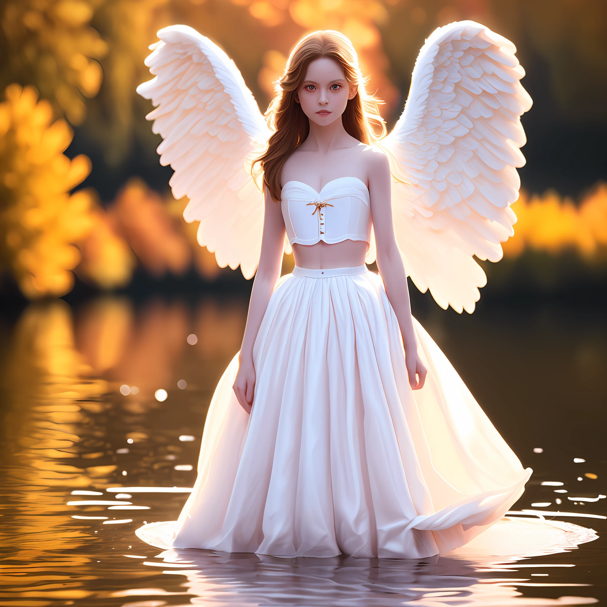 (8k, RAW photo, best quality, ultra detailed CG ,unity 8k wallpaper,masterpiece:1.2), a girl, 3d, ultra beautiful detailed eyes, Precise iris depiction,ultra-detailed, photo (Fall Angel style: 1) Digital painting of a white silk corset and a ballerina skirt standing on the water (Charming Angel: 1)