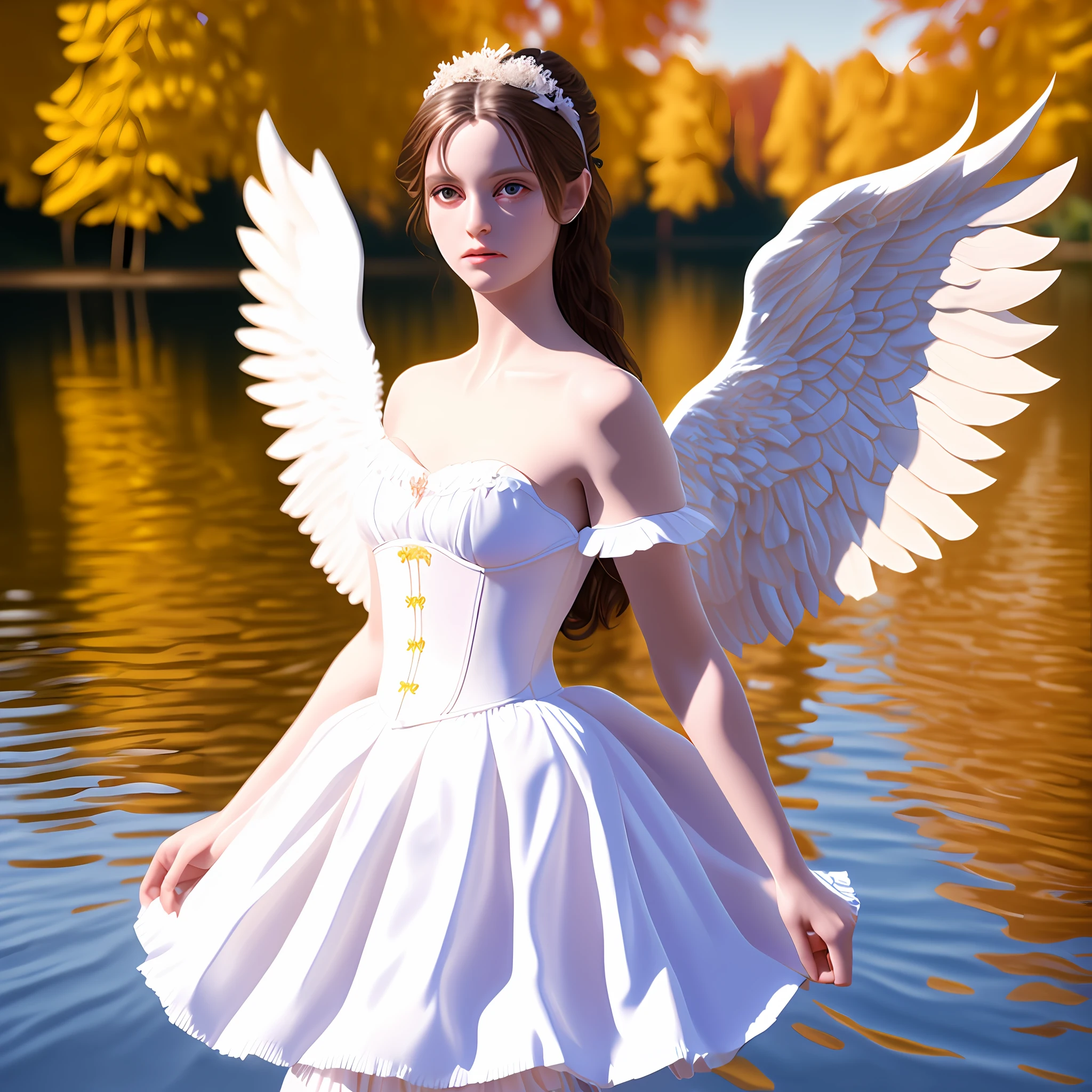 (8k, RAW photo, best quality, ultra detailed CG ,unity 8k wallpaper,masterpiece:1.2), a girl, 3d, ultra beautiful detailed eyes, Precise iris depiction,ultra-detailed, photo (Fall Angel style: 1) Digital painting of a white silk corset and a ballerina skirt standing on the water (Charming Angel: 1)