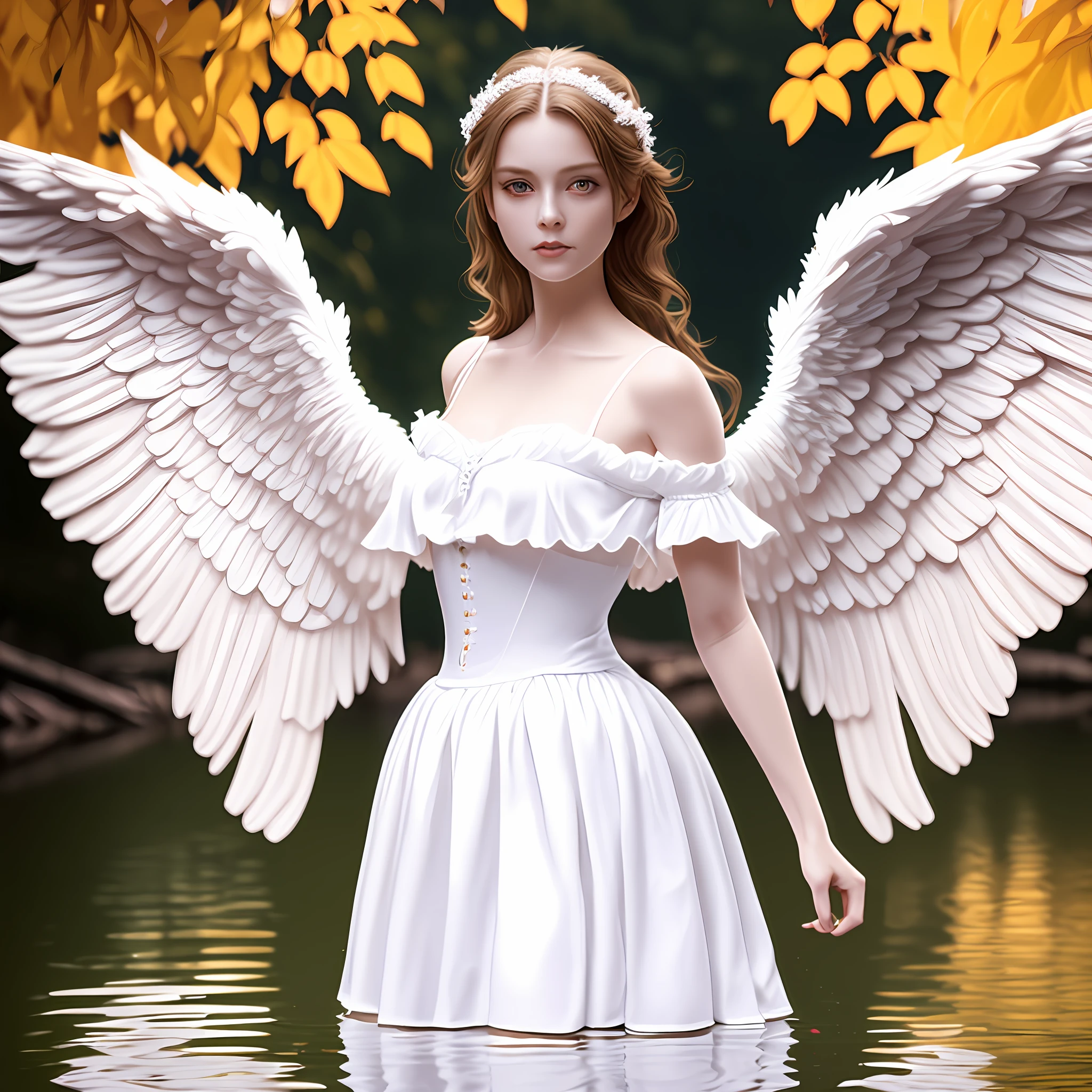 (8k, RAW photo, best quality, ultra detailed CG ,unity 8k wallpaper,masterpiece:1.2), a girl, 3d, ultra beautiful detailed eyes, Precise iris depiction,ultra-detailed, photo (Fall Angel style: 1) Digital painting of a white silk corset and a ballerina skirt standing on the water (Charming Angel: 1)