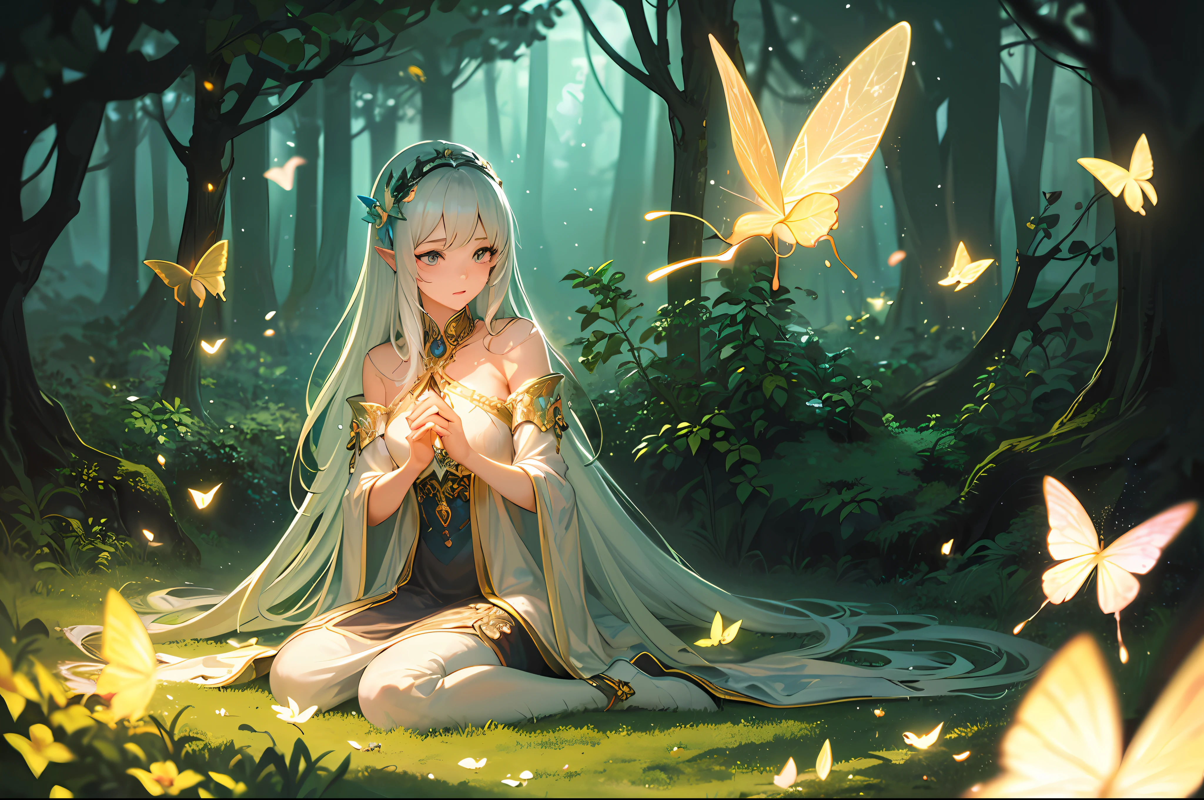((best quality)), ((masterpiece)), (detailed), highly detailed skin, ((ultra-detailed)), (sitting), sharp focus, HDR, 8K resolution, (illustration), (beautiful detailed eyes), (good hands), 1girl, fantasy, fairy tale, enchanted forest, (magical creatures:1.3), (ethereal atmosphere:1.4), (bright flowers:1.2), (mushrooms:1.1),
(moss:1.1), (butterfly:1.2), (brightness:1.3), (long hair:1.2), (flowing dress:1.3), (forest animals:1.1), (detailed background:1.4), (fancy lighting:1.4), (extravagant sensation:1.3), (storybook style:1.2), [girl:enchanted forest:0.9], [magical creatures:extravagant sensation:0.8], [glow: bright flowers:0.7], [butterfly:mushrooms:0.6]