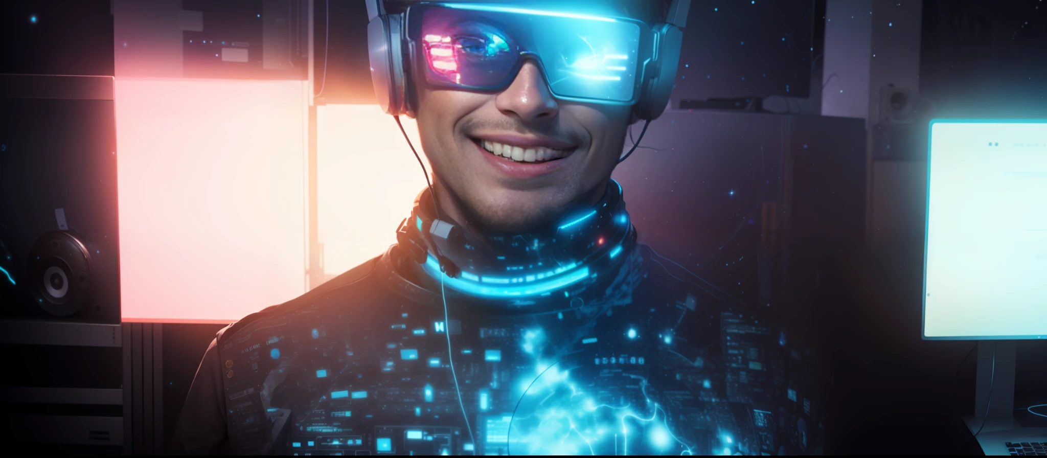 Man smiling with open arms in outer space, white headset, high tech glasses with azxuis lights, stars and galaxies around, floating musical instruments, floating sound equipment, speakers, mixers, cyberpunk, blue leds, digital art, computer graphics, banner for youtube --auto