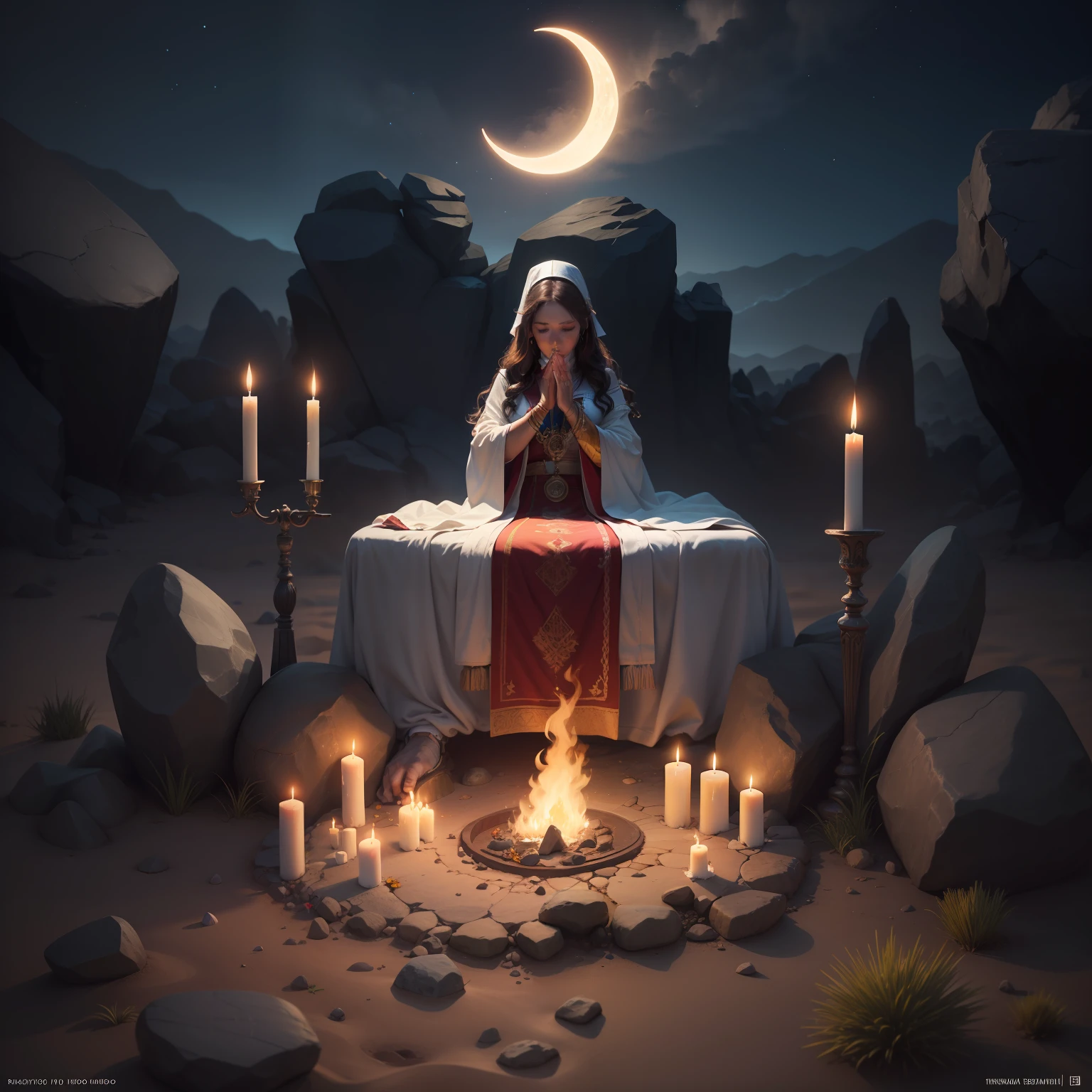 8K, best quality, masterpiece, ultra high resolution, (photorealistic: 1.4), raw photo, Phoenician style stone altar, in the desert, on a rocky slope, incense, flower petals, fire, smoke, crescent moon in high sky, ((incredibly detalahdo)) with symbols set from the stone, and a beautiful and sensual priestess kneeling to the altar, wearing ritualistic clothes of white colors, Golden and red, she has wavy brown hair. he has his hands raised to heaven.
