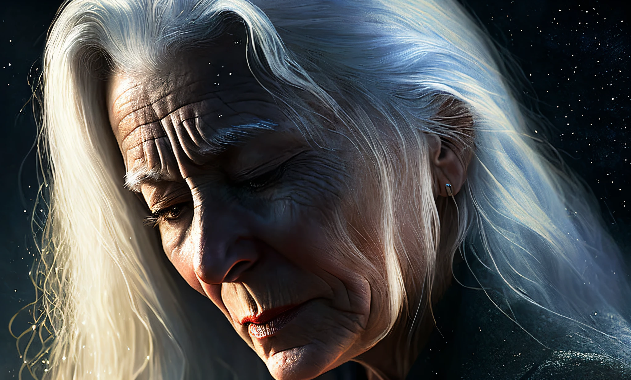 WOMAN CRYING, close up , 40 OLD, white hair, magic, cinematic, painting