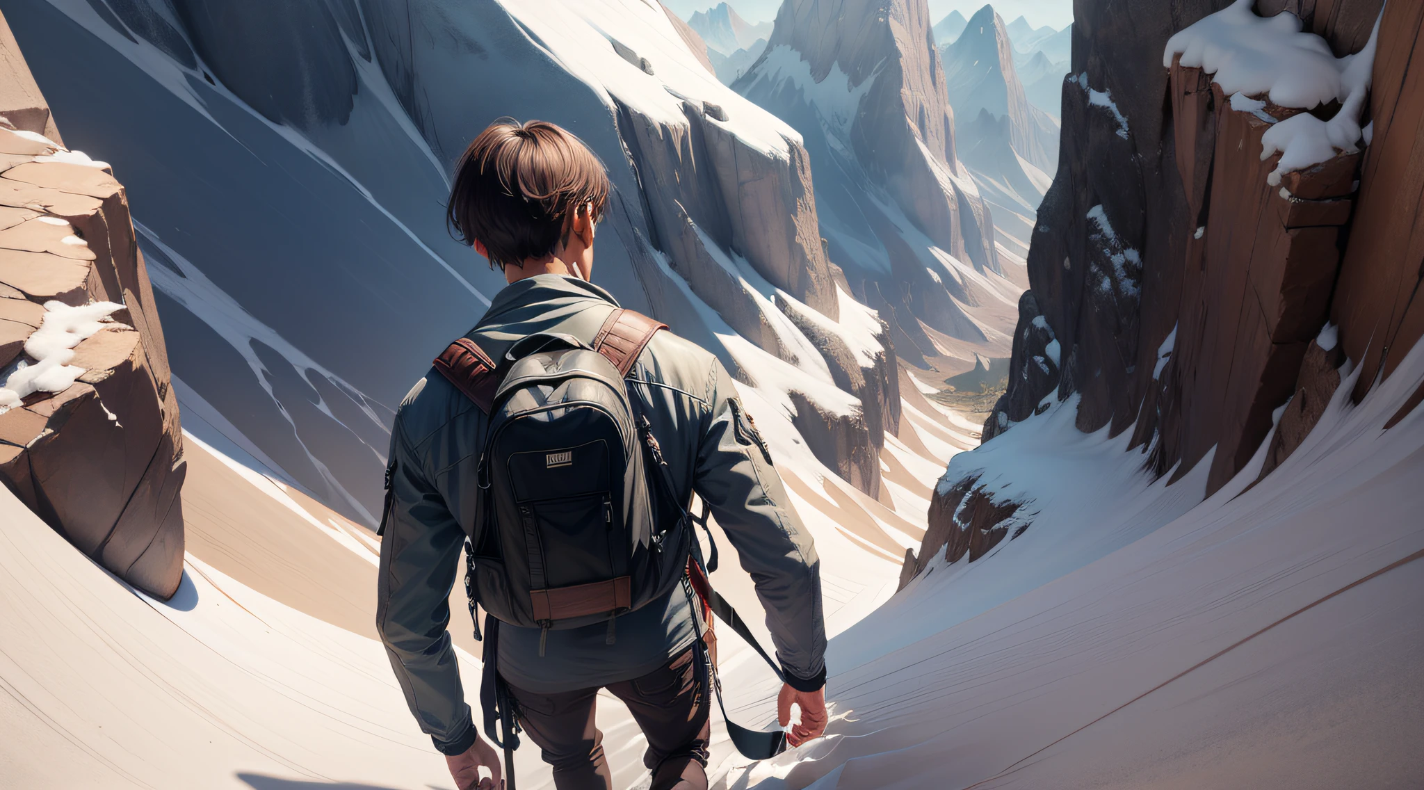 Drawing, ultra realistic, 8k, extremely detailed, in the best quality, man, oriental, short hair, young, on his back, climbing a mountain.