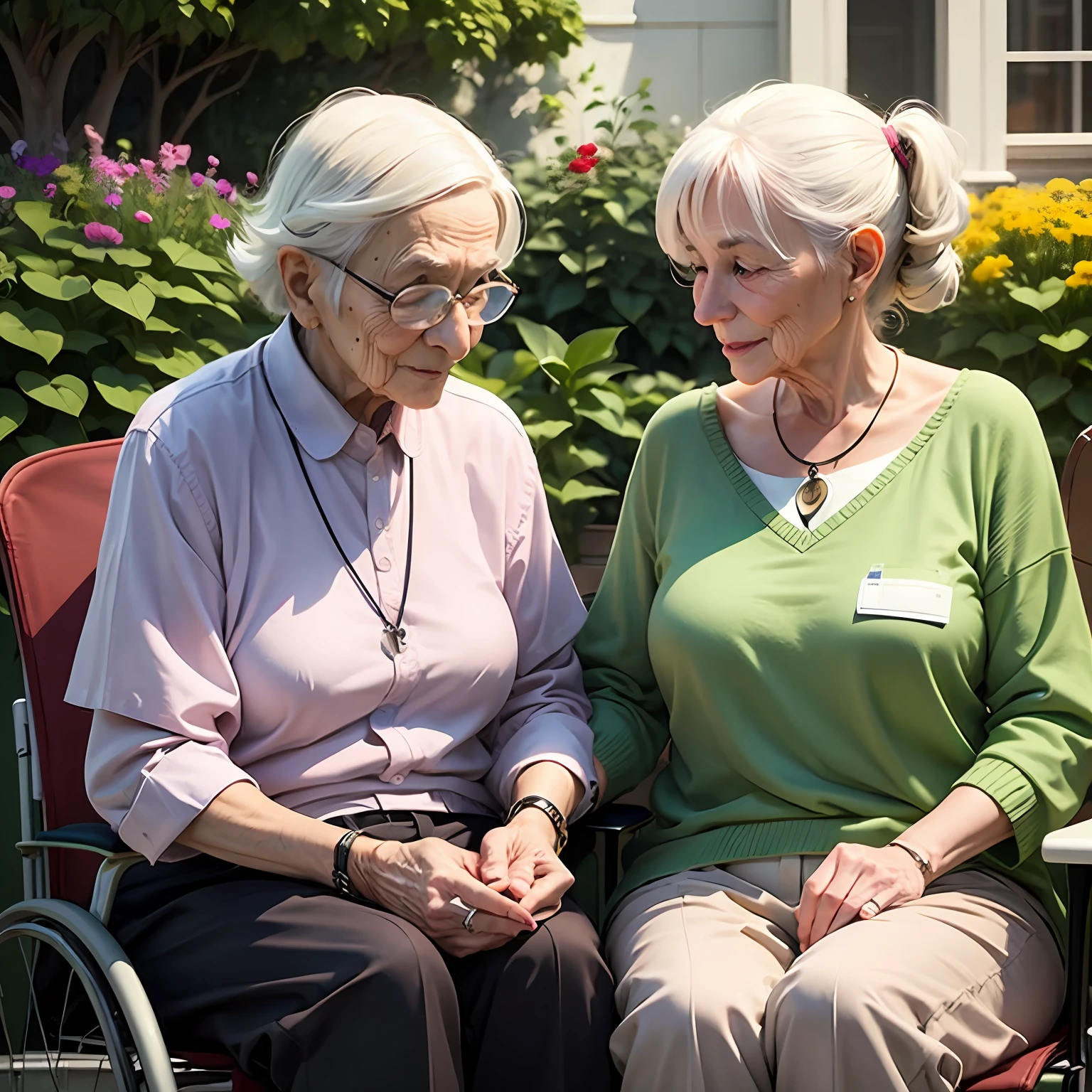 A cozy nursing home with well-kept gardens and elderly people interacting in social activities. --auto