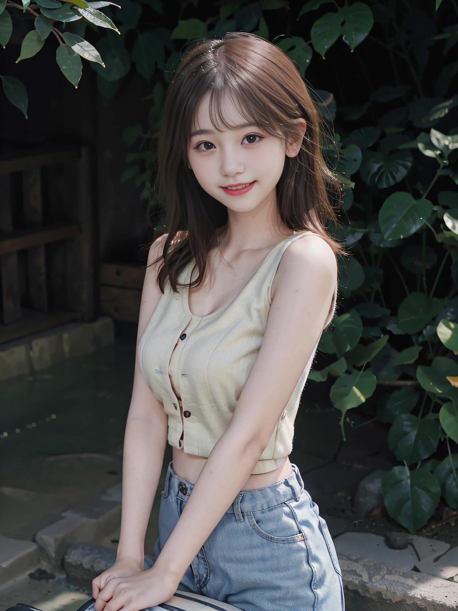 Original quality, highest quality, best image quality, exaggerated detail, clear face A cute 8-year-old Asian girl with a shy expression, slightly squinted eyes, long eyelashes (short hair, sleeveless top) outdoors, posing in front of the camera, emphasizing her breasts, smiling slightly.