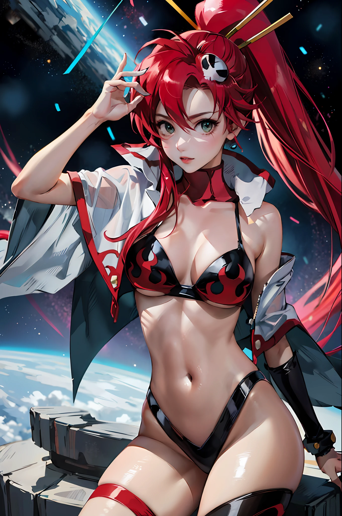 Create an incredibly detailed drawing of Yoko's character from the anime Gurren Lagann in the space environment. Let Yoko be pictured up close to show all her gorgeous appearance details. Please ensure the highest quality and maximum detail so that every line, shadow and texture is clear and realistic. Use sharp focus to especially reflect the vivid expression on her face and her characteristic features such as her hair, eyes, and clothes.
Add space surroundings with neon lights and a colorful spectrum to create a futuristic, exotic atmosphere. Let these lights illuminate and accentuate Yoko's beauty and elegance.
Please make the drawing accurate and appropriate to Yoko's appearance from Gurren Lagann anime. I am grateful for your attention to detail and creativity in fulfilling this order.