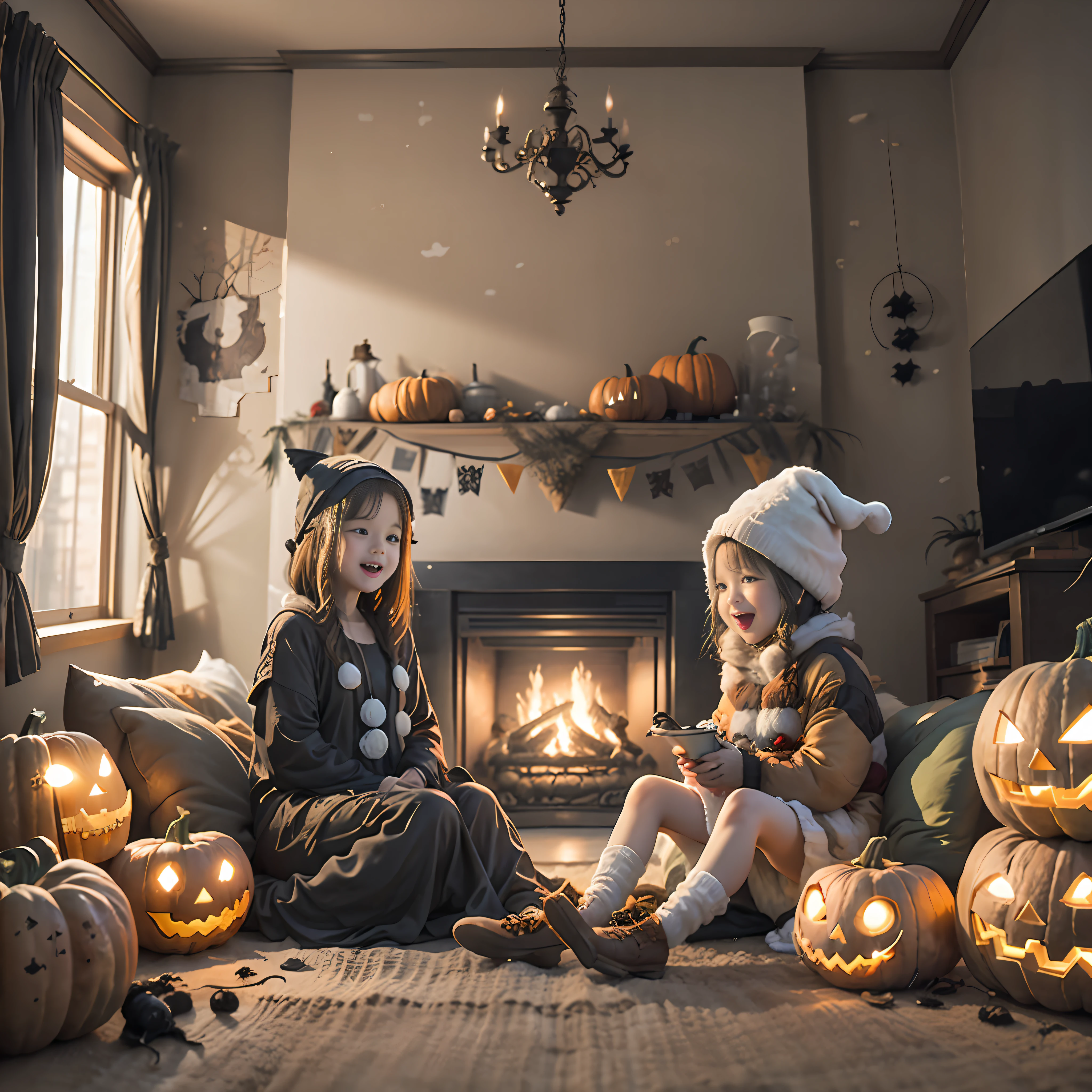 Halloween ghost banners, hung in cozy living rooms full of laughter and joy, children in cute costumes, surrounded by family, pumpkin decorations and ghostly props decorate the space, warm and seductive lights bring everyone together to celebrate the festive atmosphere of the festival. Realistic scenes, real people