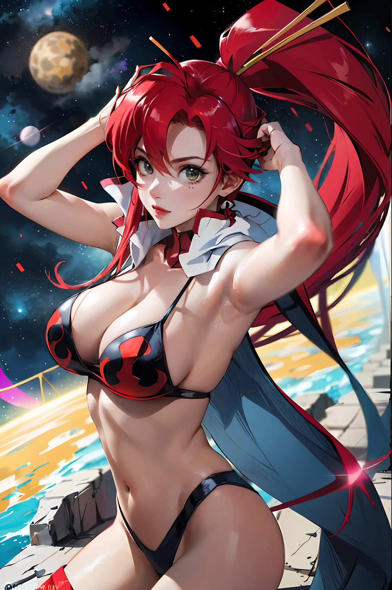 Create an incredibly detailed drawing of Yoko's character from the anime Gurren Lagann in the space environment. Let Yoko be pictured up close to show all her gorgeous appearance details. Please ensure the highest quality and maximum detail so that every line, shadow and texture is clear and realistic. Use sharp focus to especially reflect the vivid expression on her face and her characteristic features such as her hair, eyes, and clothes.

Add space surroundings with neon lights and a colorful spectrum to create a futuristic, exotic atmosphere. Let these lights illuminate and accentuate Yoko's beauty and elegance.

Please make the drawing accurate and appropriate to Yoko's appearance from Gurren Lagann anime. I am grateful for your attention to detail and creativity in fulfilling this order.