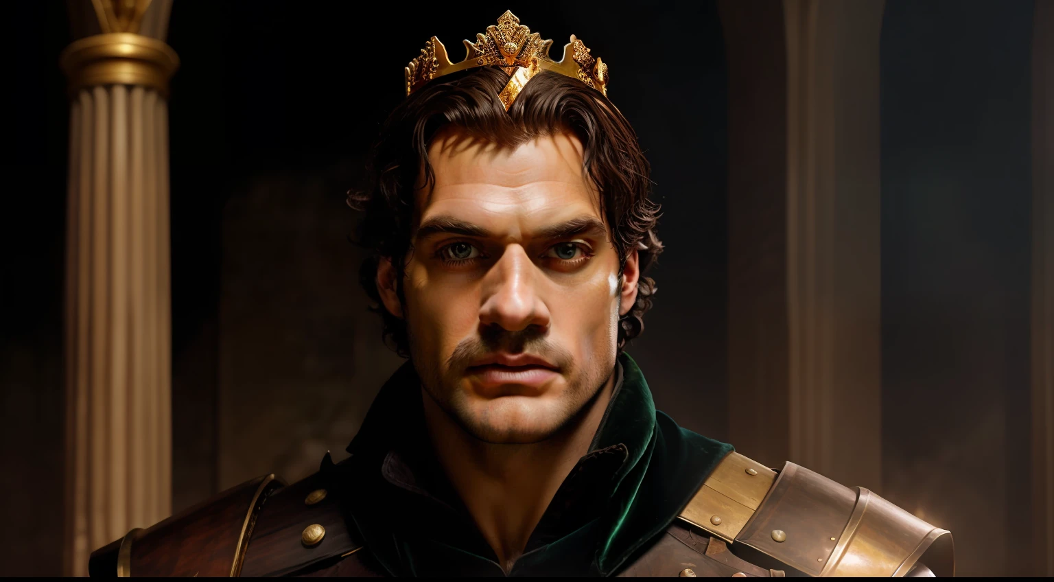 Arafed man in a golden garment with a crown on his head, man with a crown, old medieval king, portrait of an old medieval king, portrait of old medieval king, handsome man, Henry Cavill as a Greek god, Henry Cavill as a warrior, attractive man in armor, wearing a crown and green cape, portrait of Henry Cavill,  Rendered in Corona