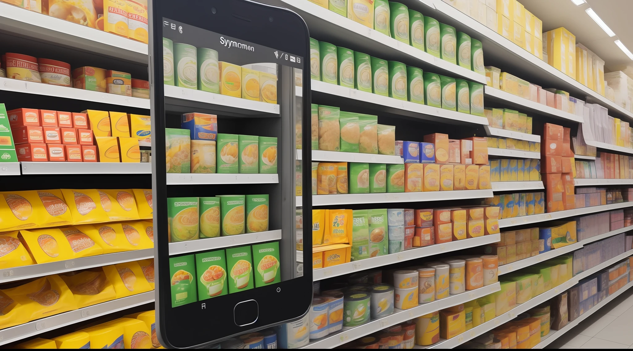 Hyper-realistic, perfect image of a symmetrical shopping cart + a smartphone in a market, shelves full of products, vivid and vibrant colors, full lighting