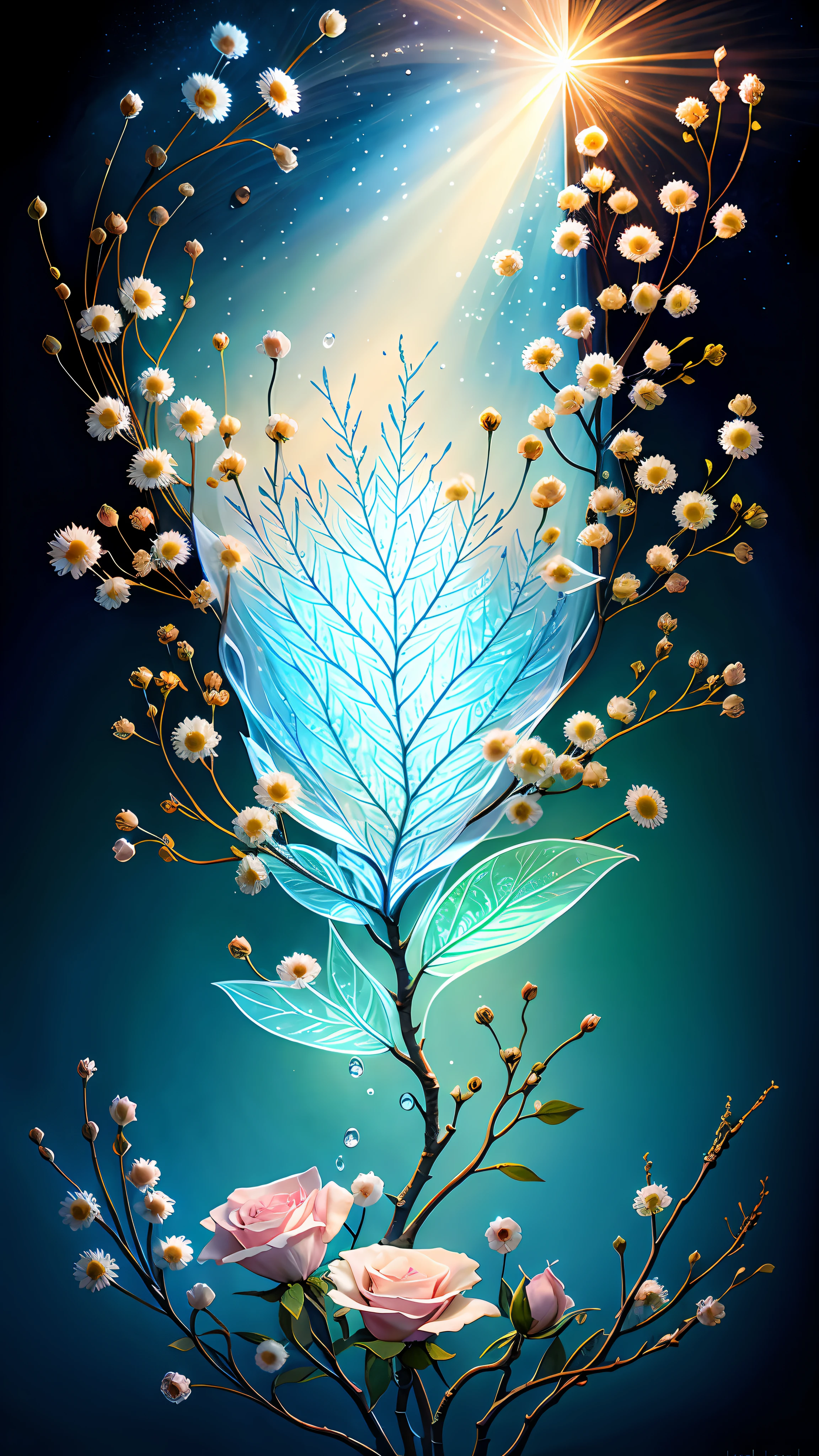 Delicate branches of roses, ultra-transparent, holy light, beautiful spectral light, petals glowing and shimmering, surrounded by light fog, transparent droplets, reflected light, bright, light flowing in, optics, portrait contours, sharp focus, magical, intricate, surreal, fantasy, composition, light, trends on artstation, pearls, water drops, patron god clouds of silver vapor, light blue leaves, corrosion enveloping ray family, 8k, ureal ar 23v4 uplight