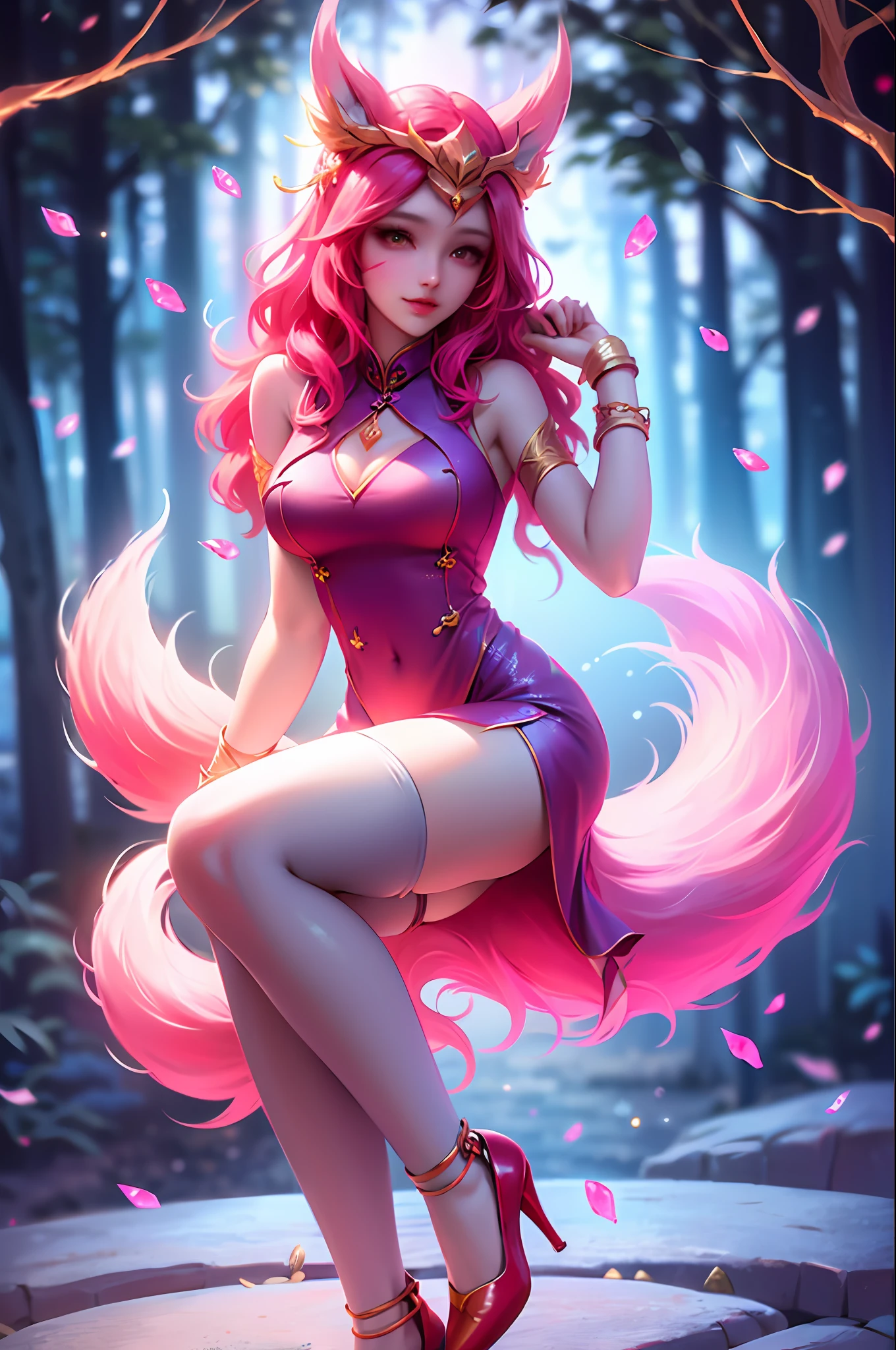 Face lighting, bright backlight, medium breasted, ultra high resolution, top quality, photo, 4k, (real: 1.2), magic of light. Light attributes. Light.
One girl, cute, cosplay, Ahli (League of Legends), watch the viewer (moderate breasts: 1.1), nine-tailed, frielduo, green eyes, (long wavy hair: 1.2), white and gold headdress, red and gold cheongsam, (thigh high stockings: 1.3), red high heels, red and gold bracelet, in a forest illuminated by moonlight,