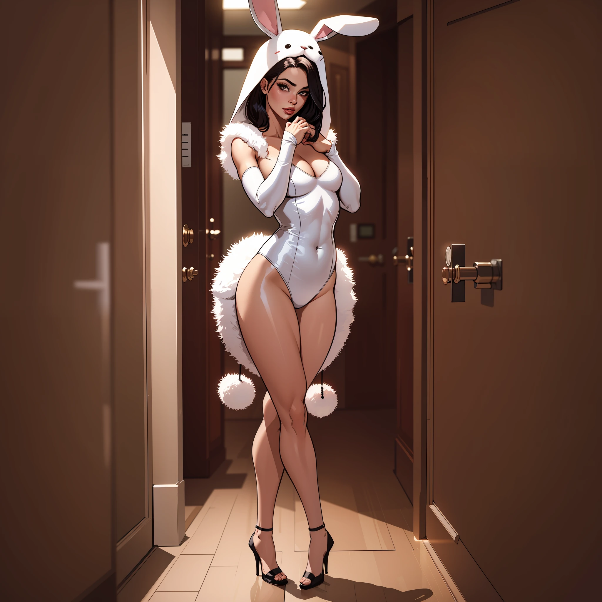 Comic style, inked, lineart style,a woman in a rabbit costume posing for a photo, slim, sexy pose, attractive pose, elegant standing pose, influencia de DeviantArt, dynamic lighting, cinematic shadows, flat art, uhd