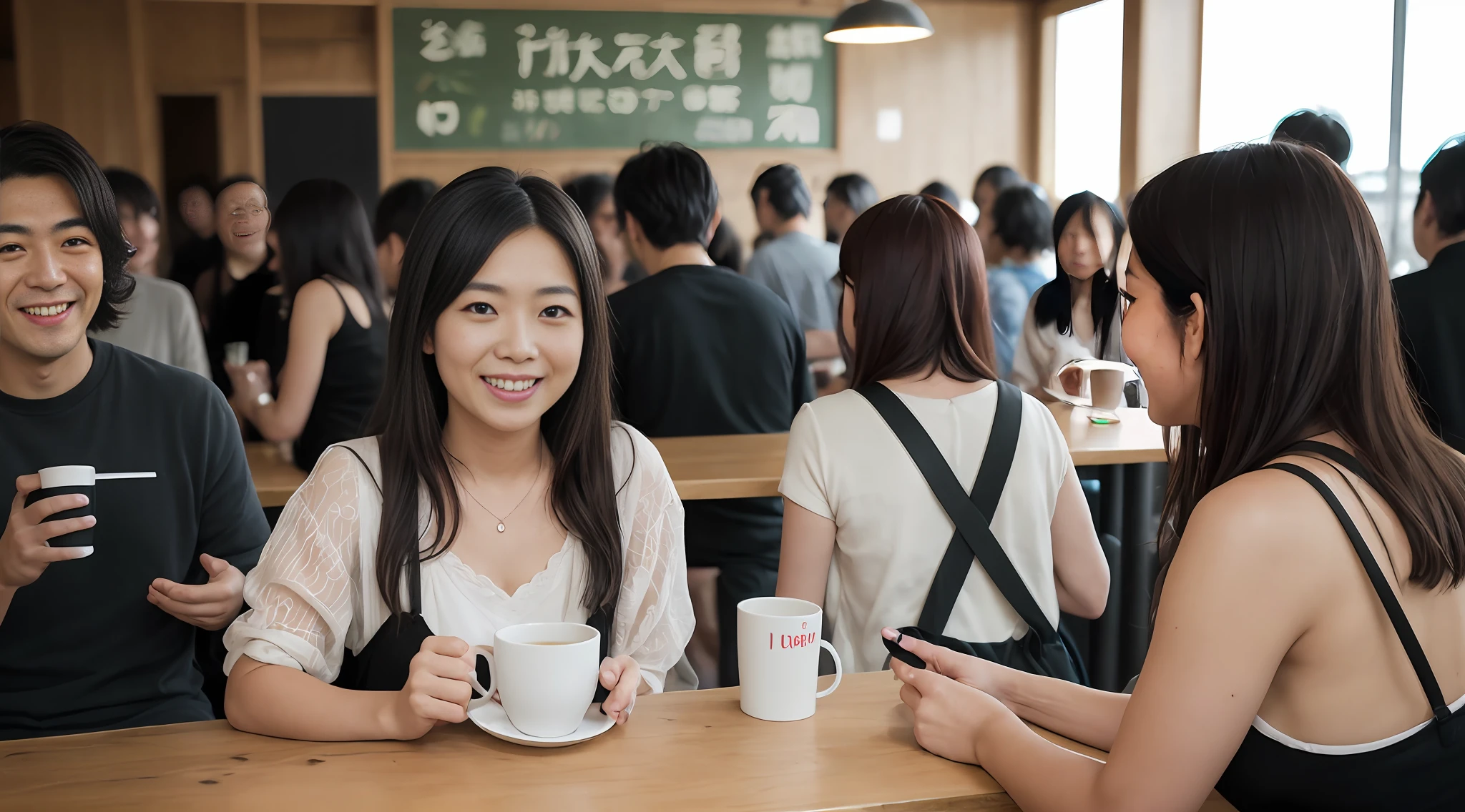 8k uhd, RAW photo, Japan woman having fun in café, smiling, multiple people, men and women, photoreal, RAW photo, portrait photography, japanese, many men, room bright, Japan people, cinematic, daytime, large crowd, ( (8k: 1.27), best quality, masterpiece, super high resolution: 1.2)