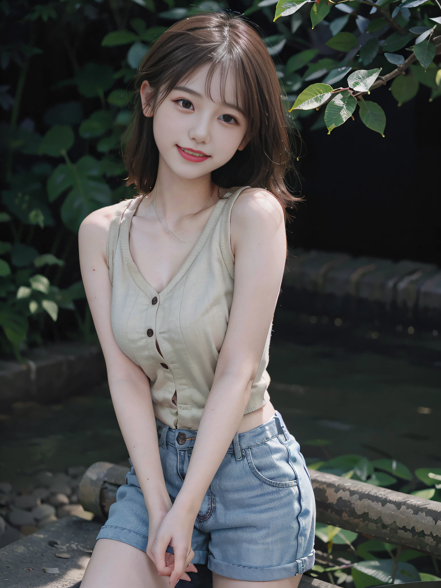 Original quality, highest quality, best image quality, exaggerated detail, clear face A cute 8-year-old Asian girl with a shy expression, slightly squinted eyes, long eyelashes (short hair, sleeveless top) outdoors, posing in front of the camera, emphasizing her breasts, smiling slightly.