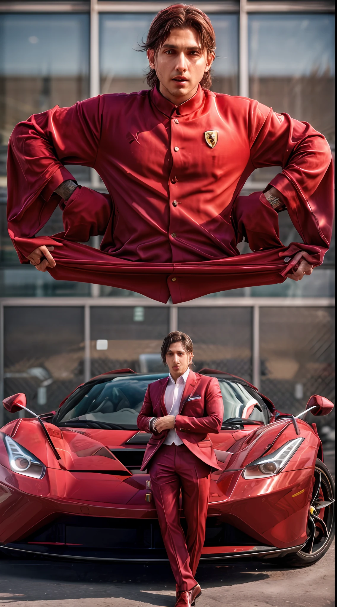 This person exudes power and passion, dressed in a sharp red suit tailored to perfection. Their confident expression matches the brand's bold and exhilarating character. In the background, a stunning Ferrari 488 GTB or a LaFerrari highlights the brand's commitment to high-performance sports cars
