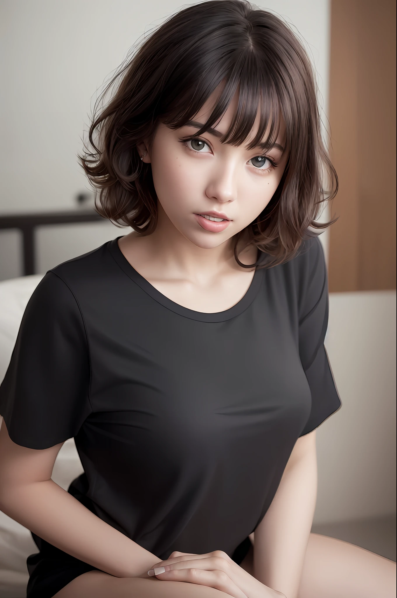 (RAW photo, best quality), (realistic, photo-realistic:1.3), masterpiece, an extremely delicate and beautiful, extremely detailed, CG, unity, 8k, amazing, finely detail, ultra-detailed, highres, absurdres, soft light, (black hair, short hair, curly hair, messy hair, bangs), beautiful detailed girl, detailed fingers, extremely detailed eyes and face, beautiful detailed nose, beautiful detailed eyes, (light on face), looking at viewer, (closed mouth:1.2), 1girl, cute, young, mature face, pale skin, (half body:1.3, sitting), (medium breasts), realistic face, realistic body, beautiful detailed thigh, (ulzzang-6500-v1.1:0.6), black shirt, (semi smile:1.3),