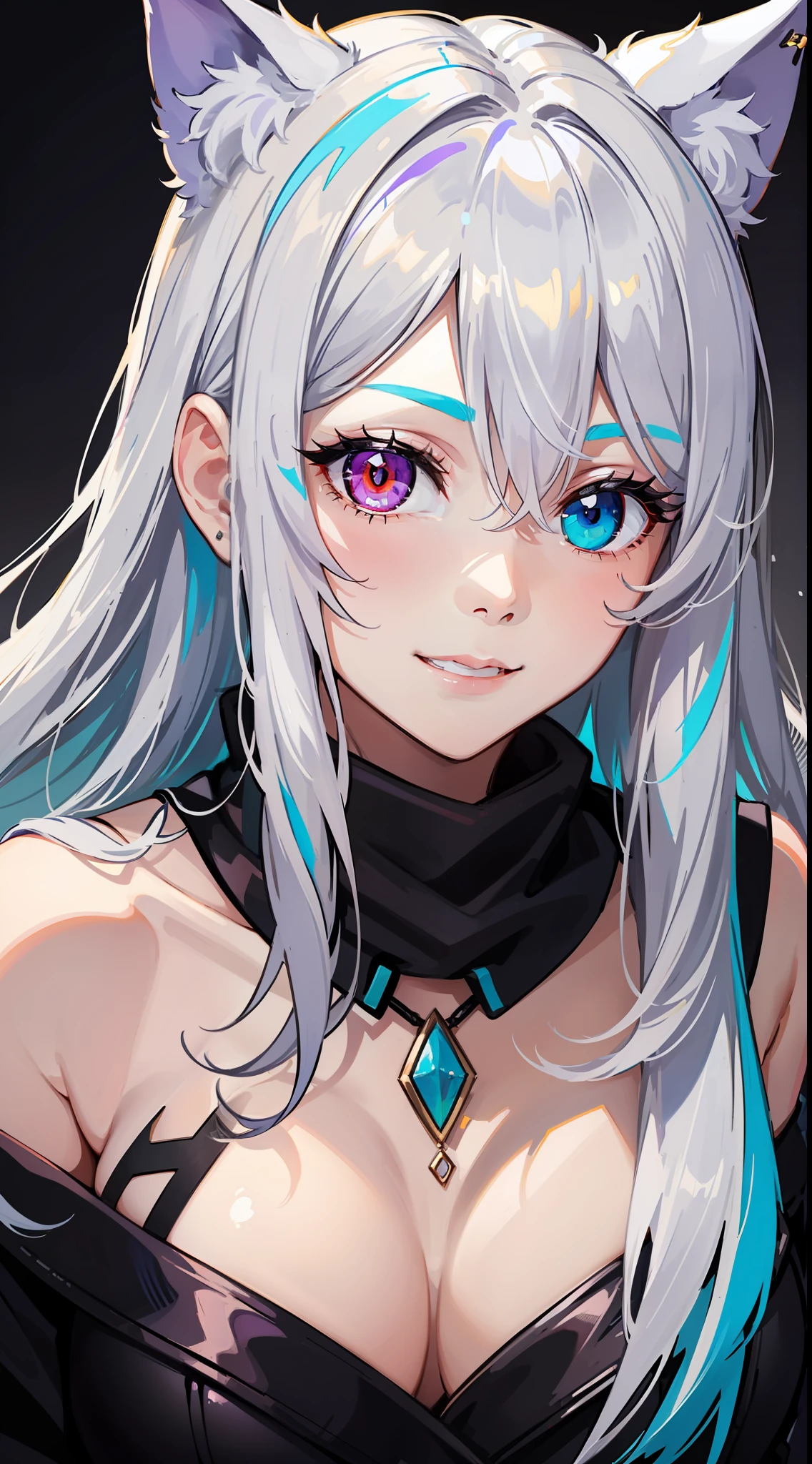 Young, long white hair, heterochromia, (left eye blue, right eye purple), white cat ears, turquoise top, open chest, tattoos, smile, masterpiece, high quality