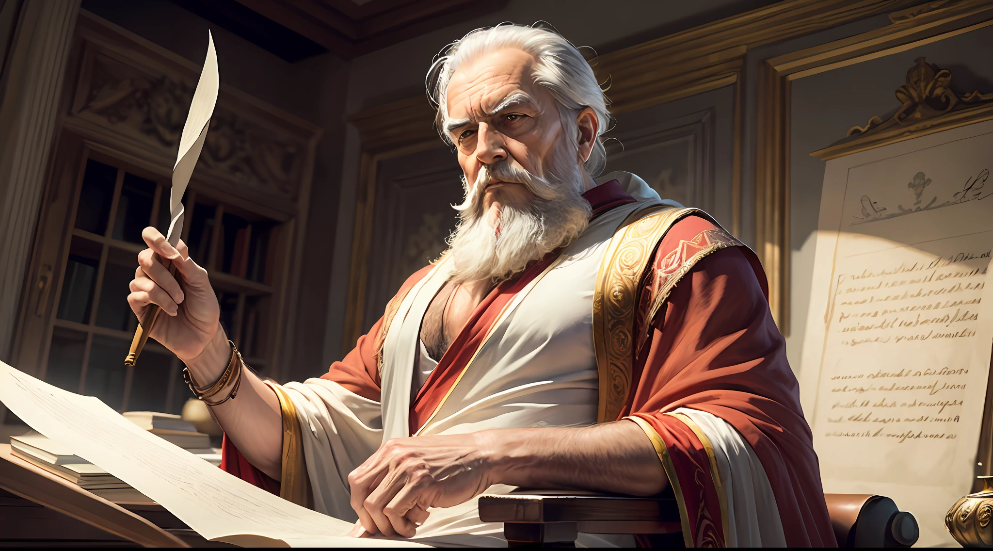 Create a drawing of Plato, depicting him as a wise elder, with a long, gray beard, wearing a Greek toga and holding a rolled parchment. --auto