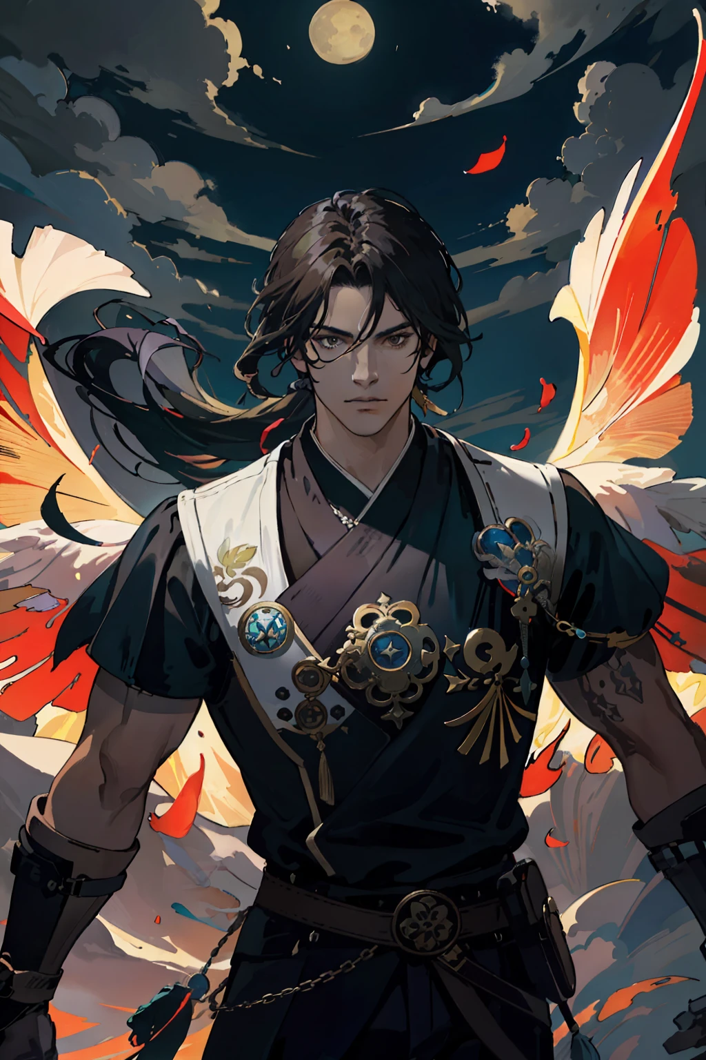 (absurd, highres, ultra detailed, realistic, ), 1 Create an anime-style illustration that depicts a powerful and intense battle scene. The main focus of the illustration should be Nestor, an arrogant 22-year-old with black hair and brown eyes. Your long hair should be stuck in a ponytail that reaches down to your back. Nestor should be dressed in medieval black clothes, but with props inspired by the indigenous peoples of Brazil, to give a unique and striking appearance. Nestor is to be depicted in full action, demonstrating his exceptional skill with swords. He must be depicted wielding two swords with precision and confidence, engaged in combat with his opponents. The swords should be ornate and visually impressive, underscoring their importance to Nestor's fighting style. Around Nestor should be present moving white petals, symbolizing his mastery over his unique ability. The petals should be dynamic, adding movement and energy to the illustration. The backdrop should be a tavern, with characteristic elements such as tables, chairs and a bar counter, creating an authentic atmosphere. In addition, the illustration should highlight Nestor's determined and arrogant expression, reflecting his confidence in his abilities. Use vibrant colors, detailed strokes, and dynamic poses to convey the action and intensity of the battle. The overall composition should emphasize Nestor's dominance and dexterity as he faces his opponents. Be sure to capture the details of props inspired by the indigenous peoples of Brazil, incorporating elements such as feathers, necklaces or body paintings, adding a unique identity to the character. Masterpiece, best quality, (very detailed 8k wallpaper) (best quality), (best illustration), (best shadows) Delicate leaves of nature petals of various colors falling in the air light Tracking, super detailed, anime