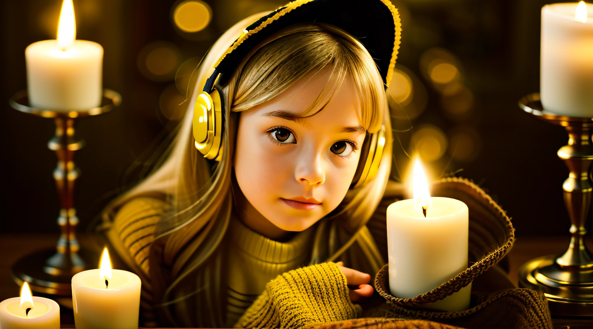 CHILD girl with long BLONDE hair wearing a YELLOW sweater and muffled black ears. AND CANDLES LIT.