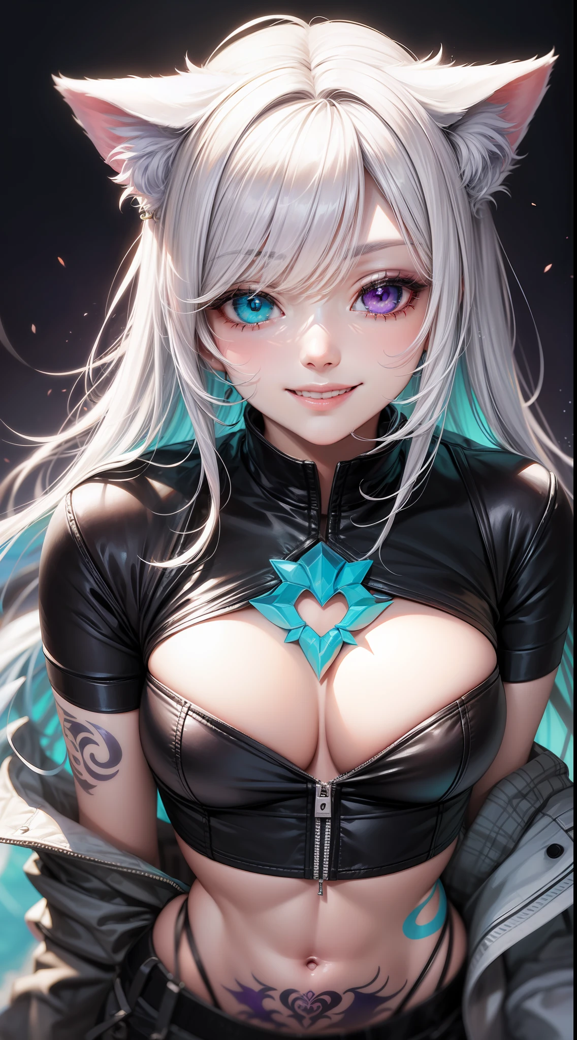 Young, long white hair, heterochromia, (left eye blue, right eye purple), white cat ears, turquoise top, open chest, tattoos, smile, masterpiece, high quality