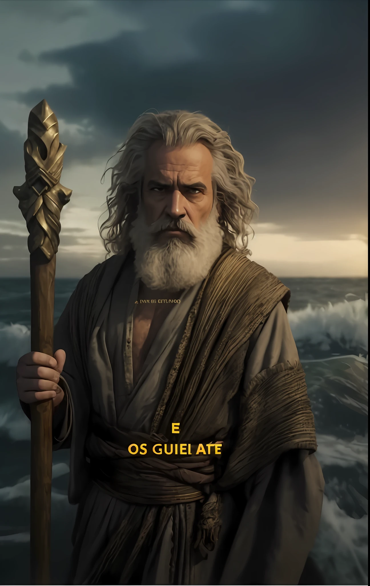 a man with a beard and a staff standing in the ocean, moses, nicodemus, biblical epic movie, memes, meme template, poseidon, by Juan Carlos Stekelman, the god poseidon, archimedes, from warcraft, meme, by Pablo Munoz Gomez, epic 8 k, epic 8k, by Jacob Pynas, greybeard