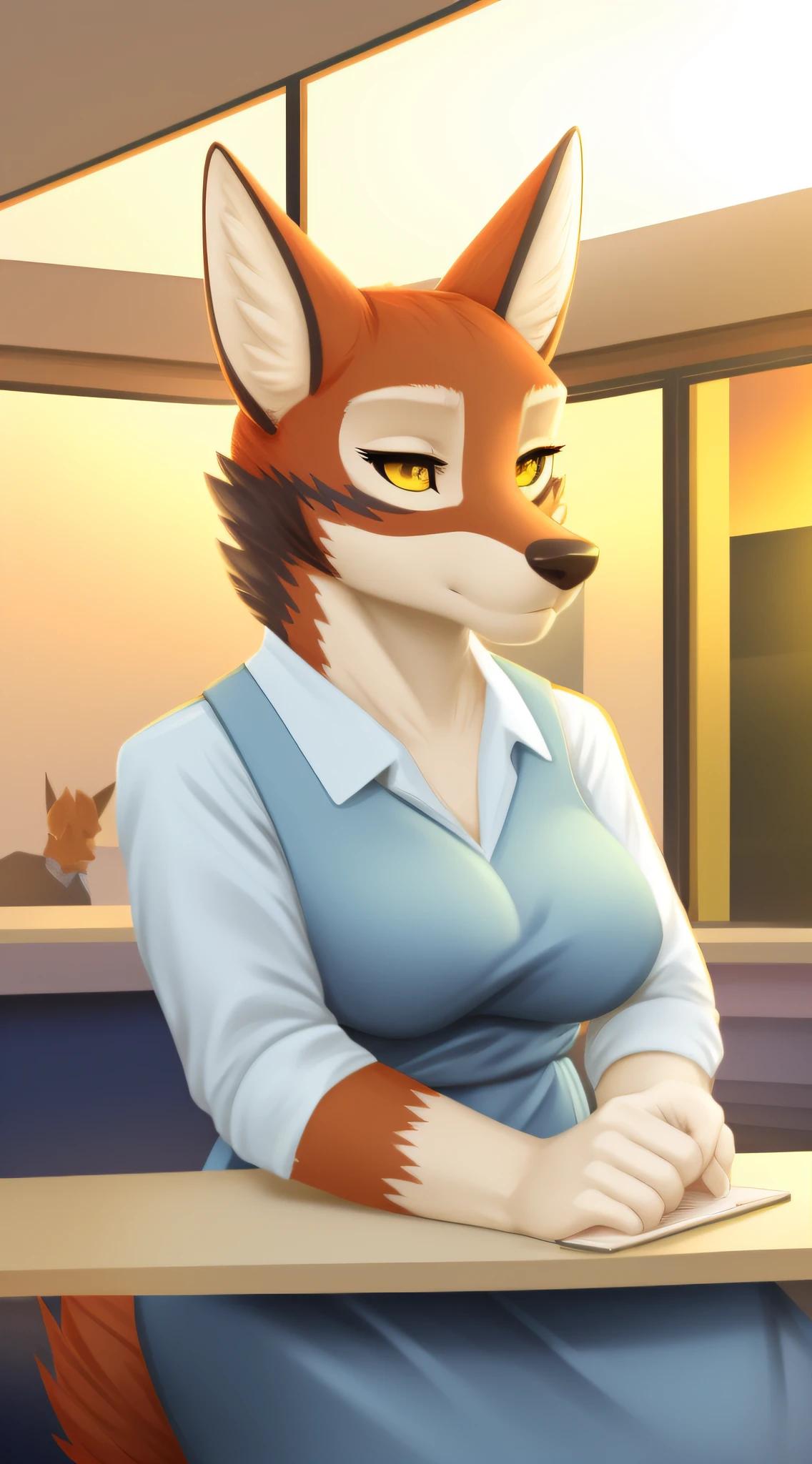 masterpiece, yellow jackal, female, work, cafeteria, good anatomy, yellow, apron, boobs