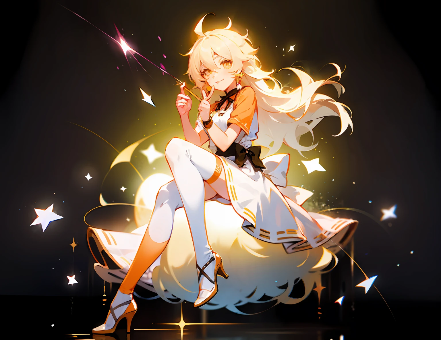 Anime Female, Seated, Official Art, Yellow Light Magic, 21Charturnerv2, Charturnbetalora, Shinkai Makoto, Kimi No na Wa., (Fantasy: 1.4), (Orange-Yellow Eyes: 1.233), Her Eyes Shining Like Fantastic Stars, (Glowing Eyes: 1.233), (Beautiful and Delicate Eyes: 1.1), (Gray Hair)))), (Messy Hair, Very long hair, hair between the eyes, sideburns), (microcurls: 1.14), (orange short-sleeved shirt), ((glowing white apron)), (((black ribbon tied waist))), ((black bow tied on the right side of the waist)), choker, (miko thighhighs), (orange high heels)), (bare legs), (smile, shut up), dreamy, soul, (fluorescent), [[delicate fingers and hands: 0.55]::0.85], (finger detail), full body, white and gold motif, inspired by Yang J, inspired by Luma Rouge, Kagamine rin, ethereal, yellow light spell, some chaotic sparks, in glowing style