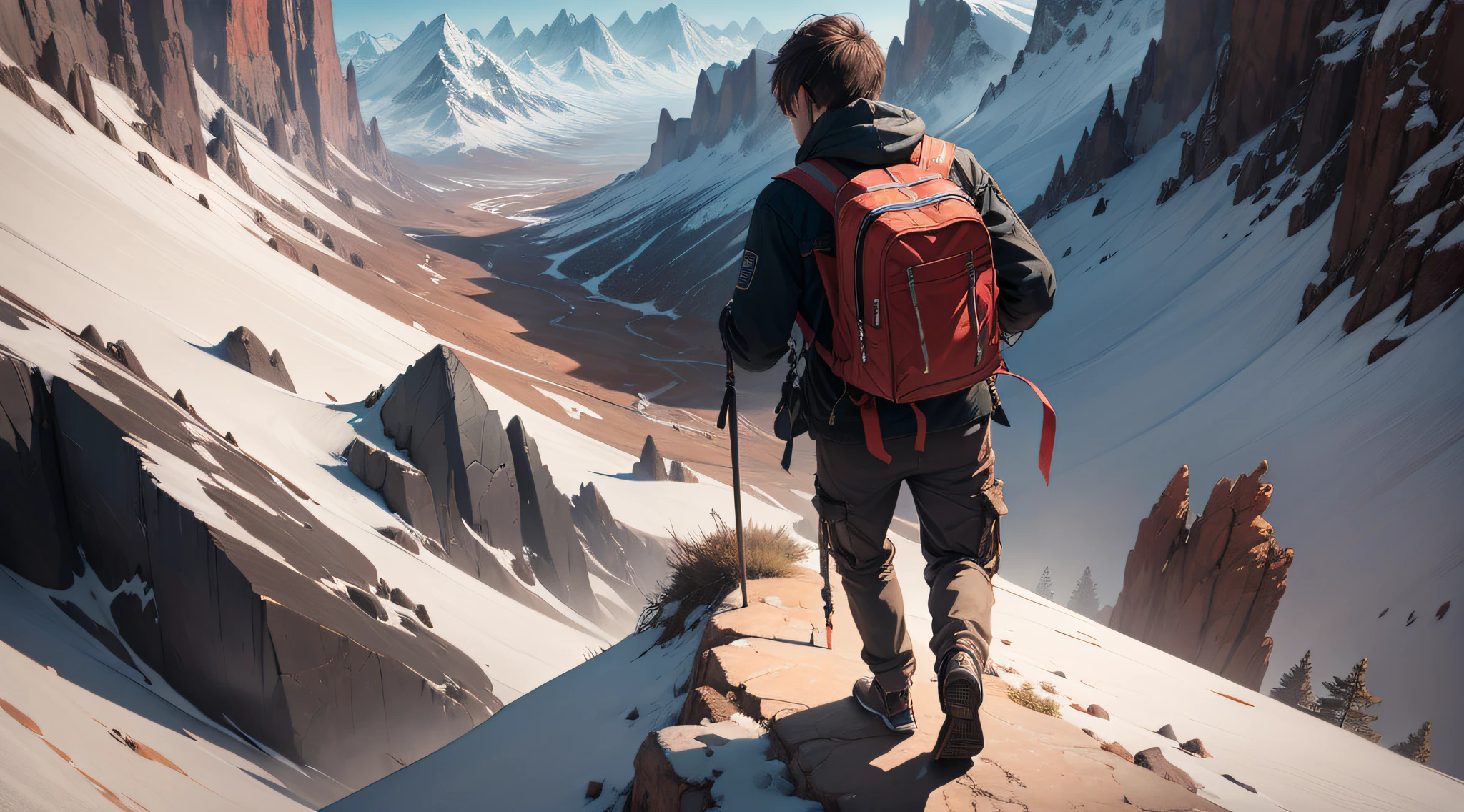 Drawing, ultra realistic, 8k, extremely detailed, in the best quality, man, oriental, short hair, young, back, climbing a large mountain.