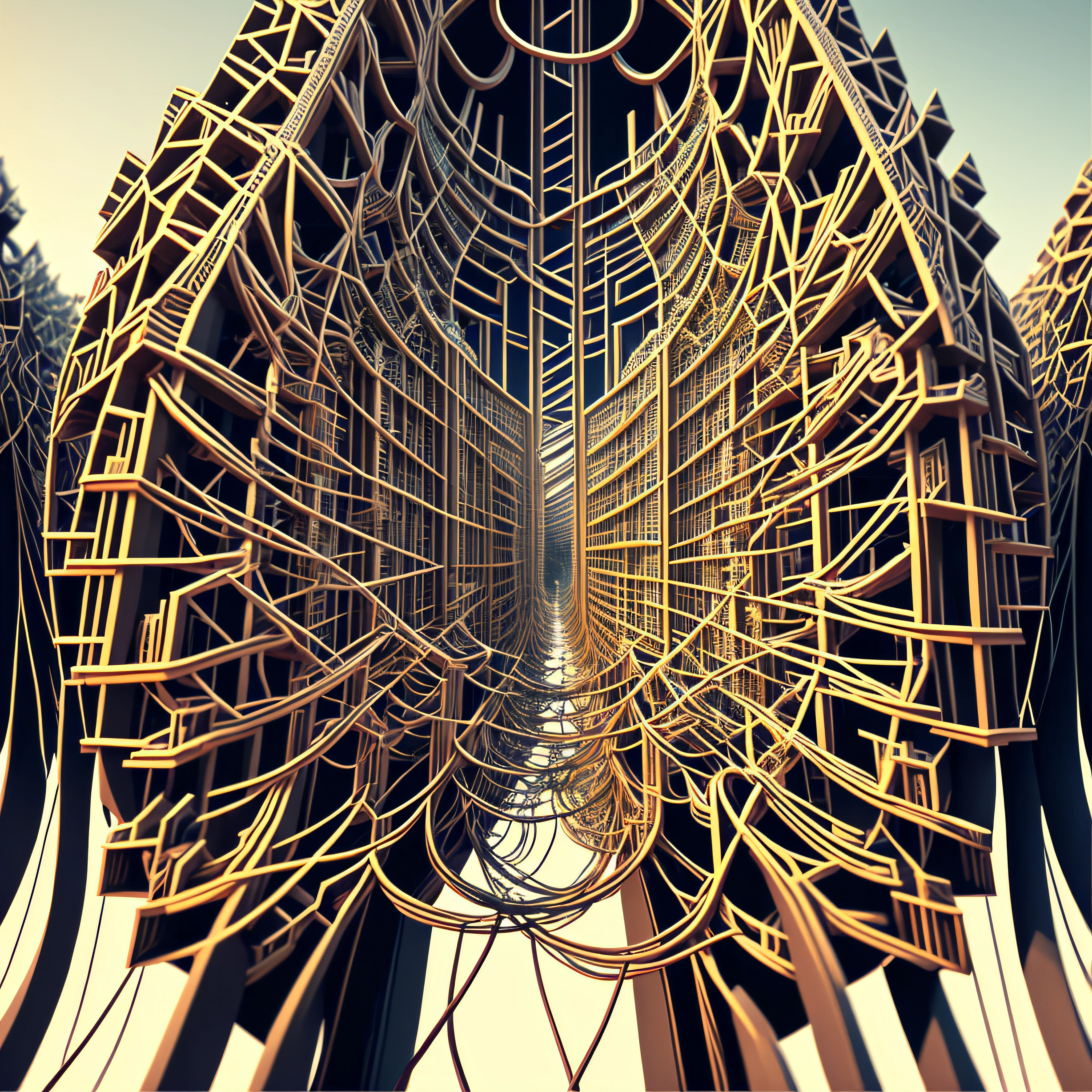 Incredibly complex and ultra detailed network manifesto of fractals and 4d wires ultra realistic and intricate cables arching through the city and the mangrove that crawls through it, suspenseful, cinematic, hyper detailed, hyper realistic, 8k --auto
