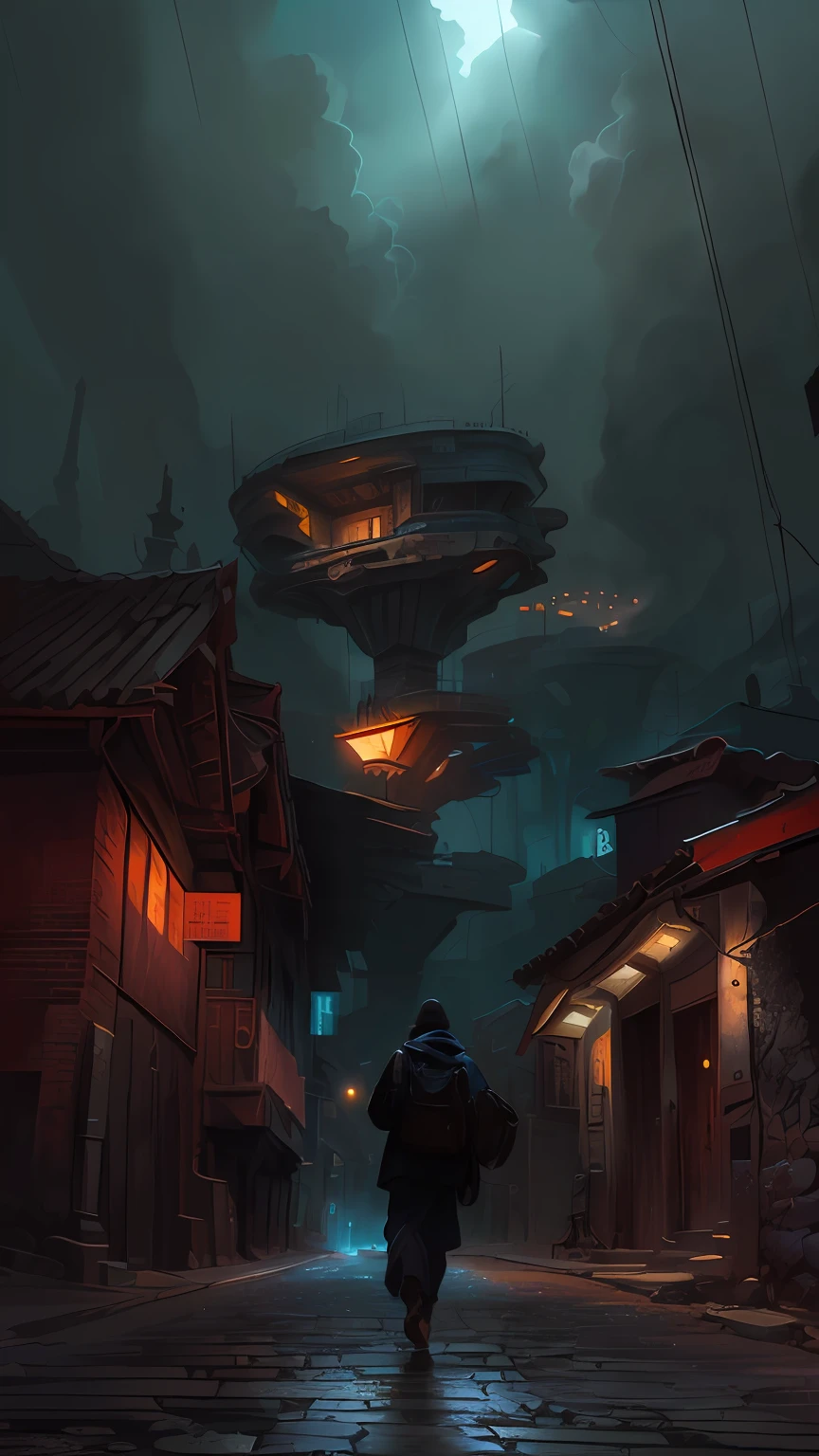 Walking back, looking up, exquisite ancient alleys, streets, science fiction, huge sense of contrast, high-precision illustrations