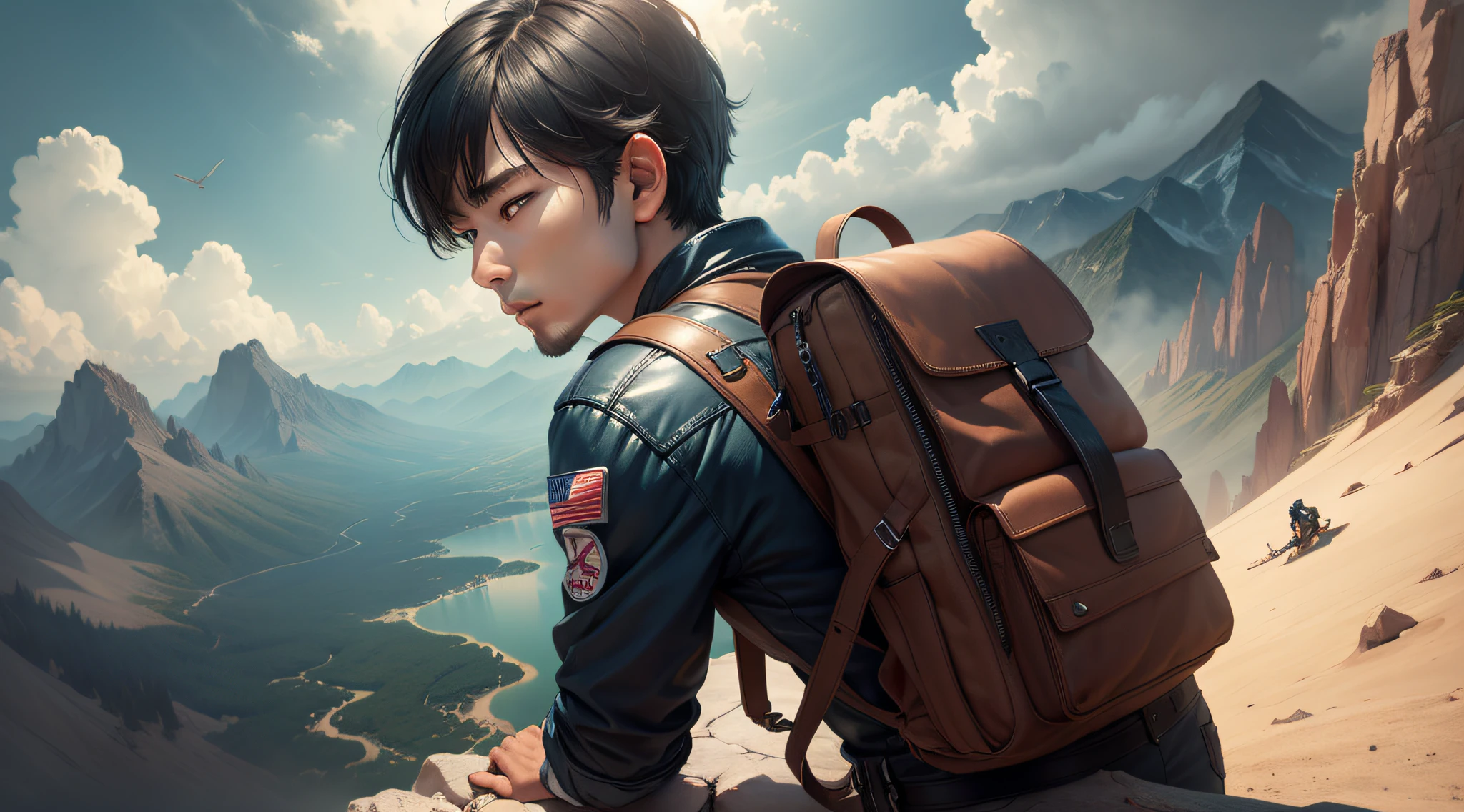 Drawing, ultra realistic, 8k, extremely detailed, in the best quality, man, oriental, short hair, young, back, climbing a large mountain.