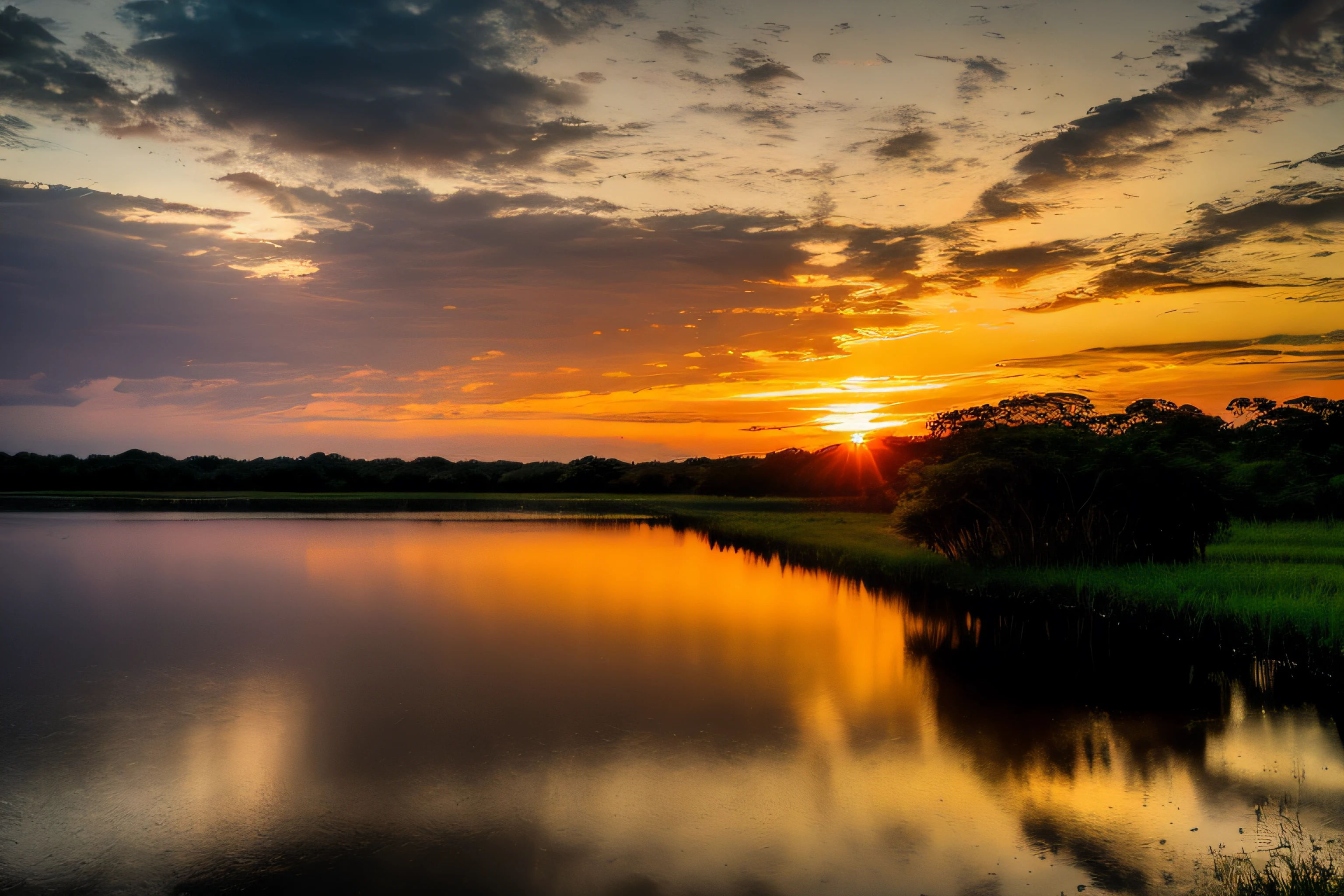 Landscape of a sunset on a pantanal river, brazil, cinematic lighting, depth of field, bokeh, realism, photorealistic, hyperrealism, professional photography, uhd, dslr, hdr