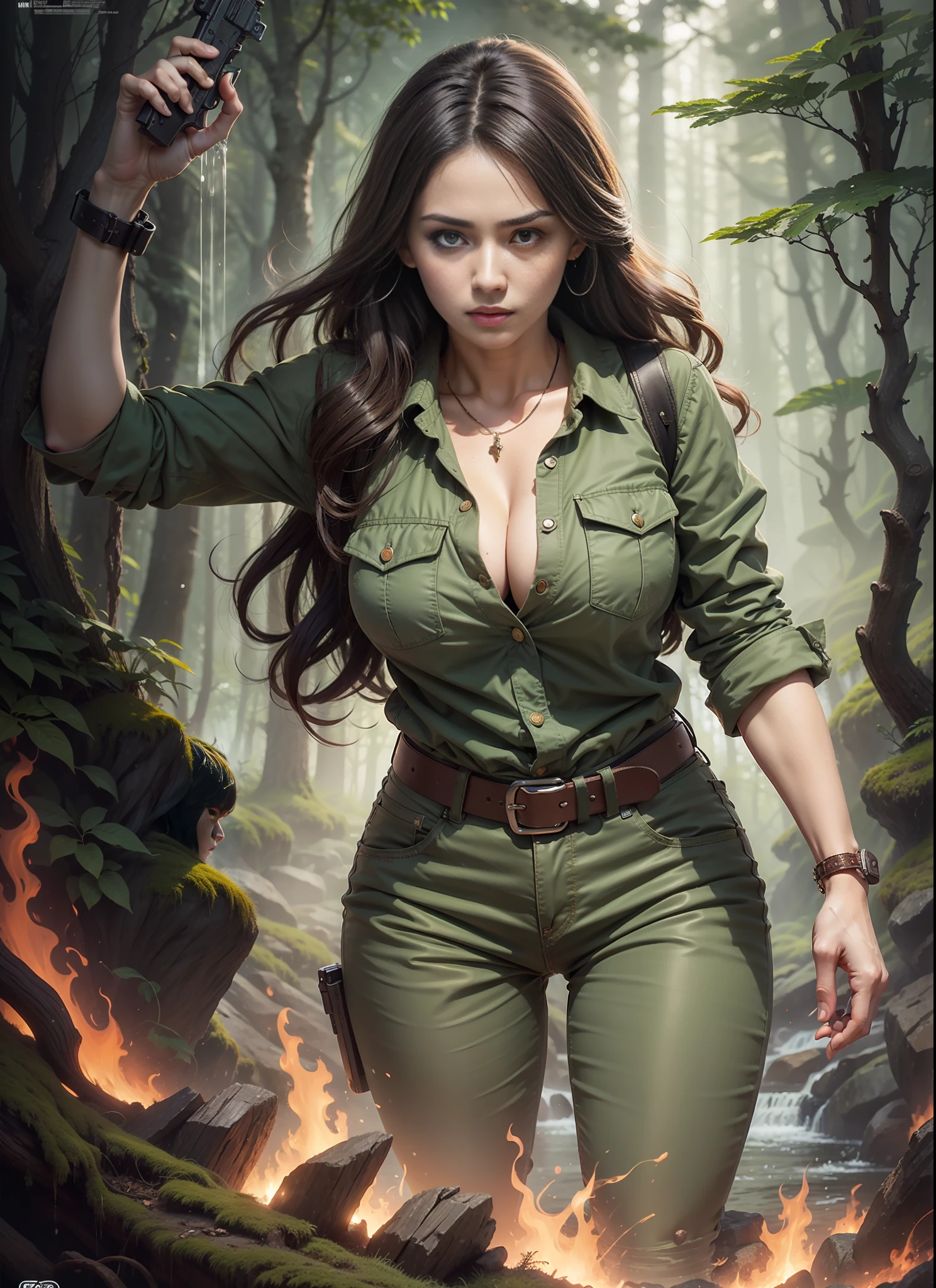 Movie poster, big chest woman, long hair, dark green pants, 1 belt, holster with pistol, just one body, front view, forest, waterfall, night