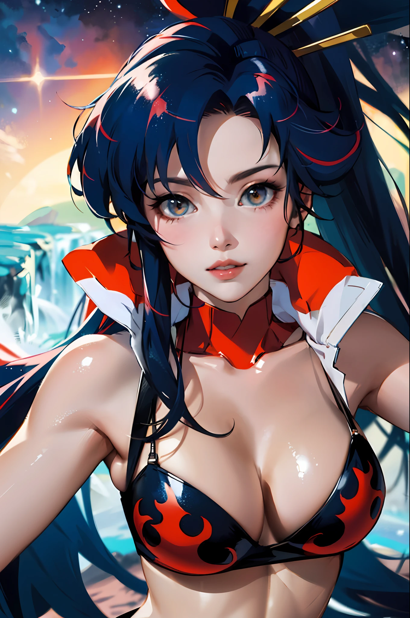 Create an incredibly detailed drawing of the character Yoko from the anime Gurren Lagann in a space environment. Let Yoko be photographed up close to show all the details of her gorgeous appearance. Please provide the highest quality and maximum detail to ensure that every line, shadow and texture is clear and realistic. Use clear focus to especially reflect her vivid facial expressions and her characteristic features, such as hair, eyes, and clothing.
Add a space environment with neon lights and a colorful spectrum to create a futuristic, exotic atmosphere. Let these lights illuminate and enhance the beauty and elegance of Yoko.
Please make the drawing accurate and consistent with Yoko's appearance from the anime Gurren Lagann. Waterfall, oasis, furs, transformers