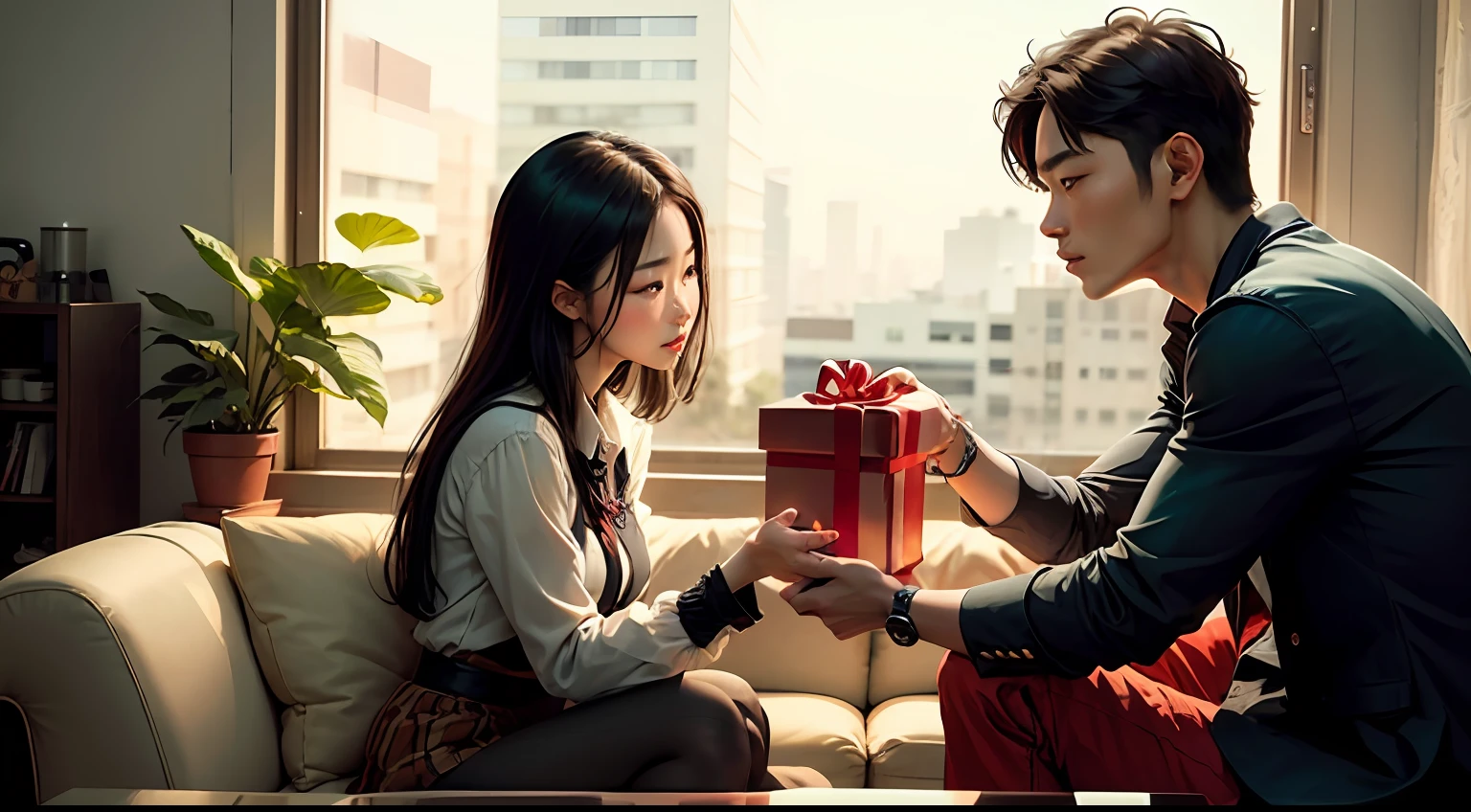 Create an image of a Korean man giving gifts to a Korean woman --auto
