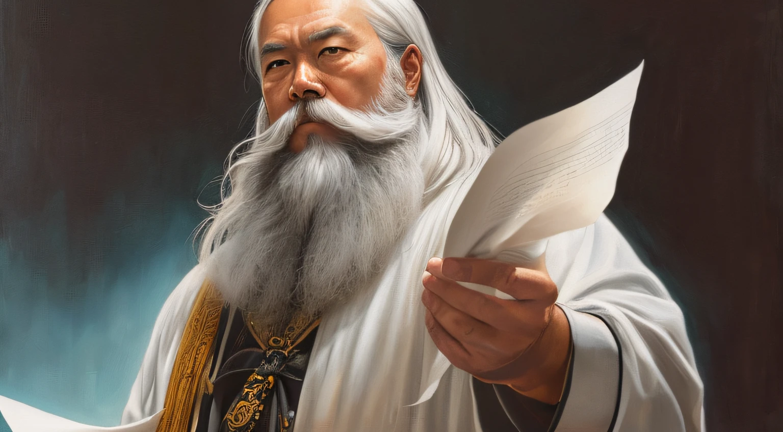 Sun Tzu, long white beard, hand holding a white paper,(masterpiece, best quality: 1.2), ultra-detailed face, (soft colors: 1.2, dark studio, rim lighting, two-tone lighting, dim light, low tone,Intricate, High Detail, dramatic and photorealistic painting art by Midjourney and Greg Rutkowski