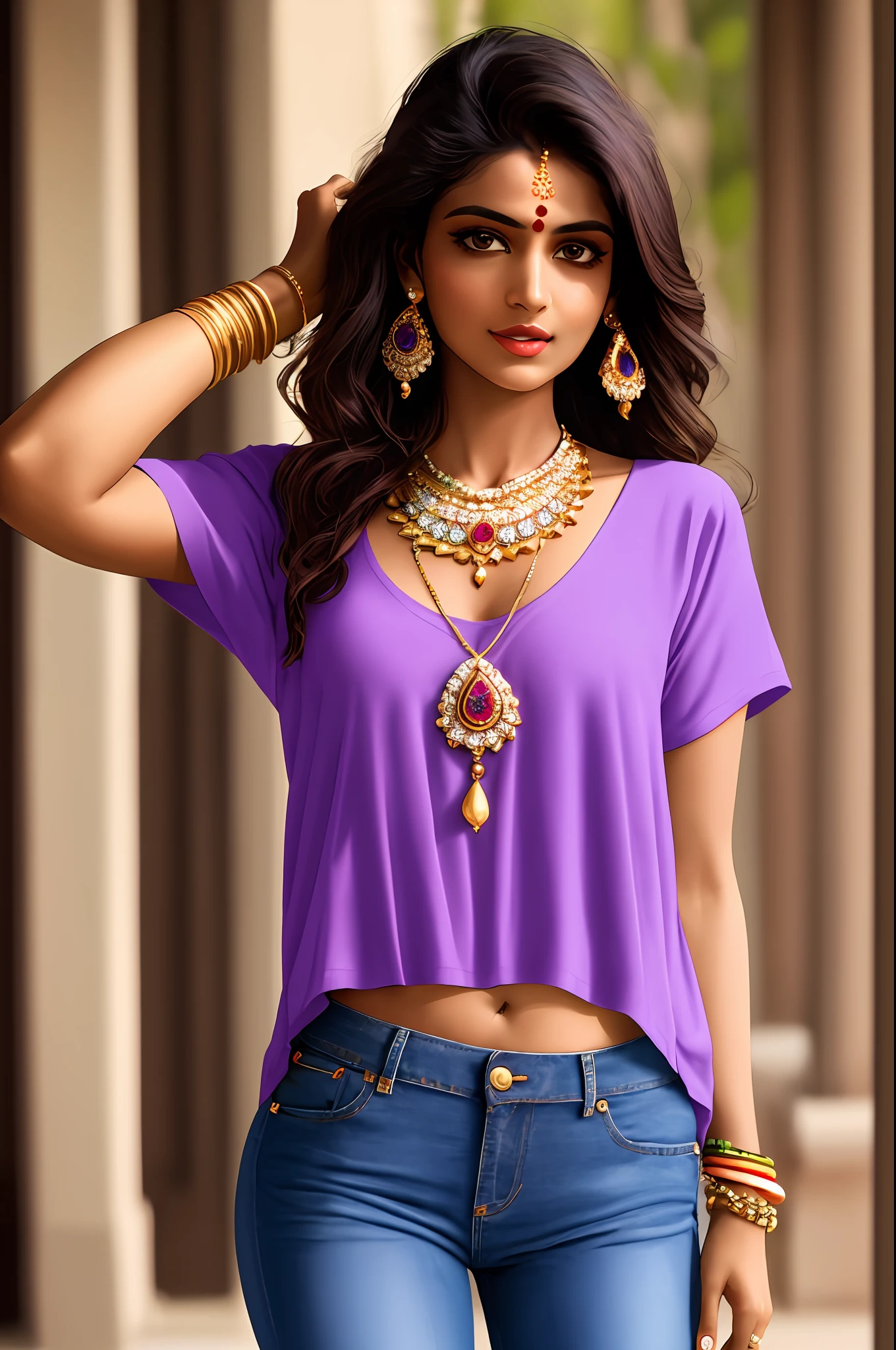 Sure! Here's an optimized prompt based on the given description:
"A seductive Indian girl, adorned with exquisite jewelry, wearing a light purple top and very light blue short jeans. Showcasing her legs in a realistic and highly detailed manner, she poses alluringly in front of the camera."
